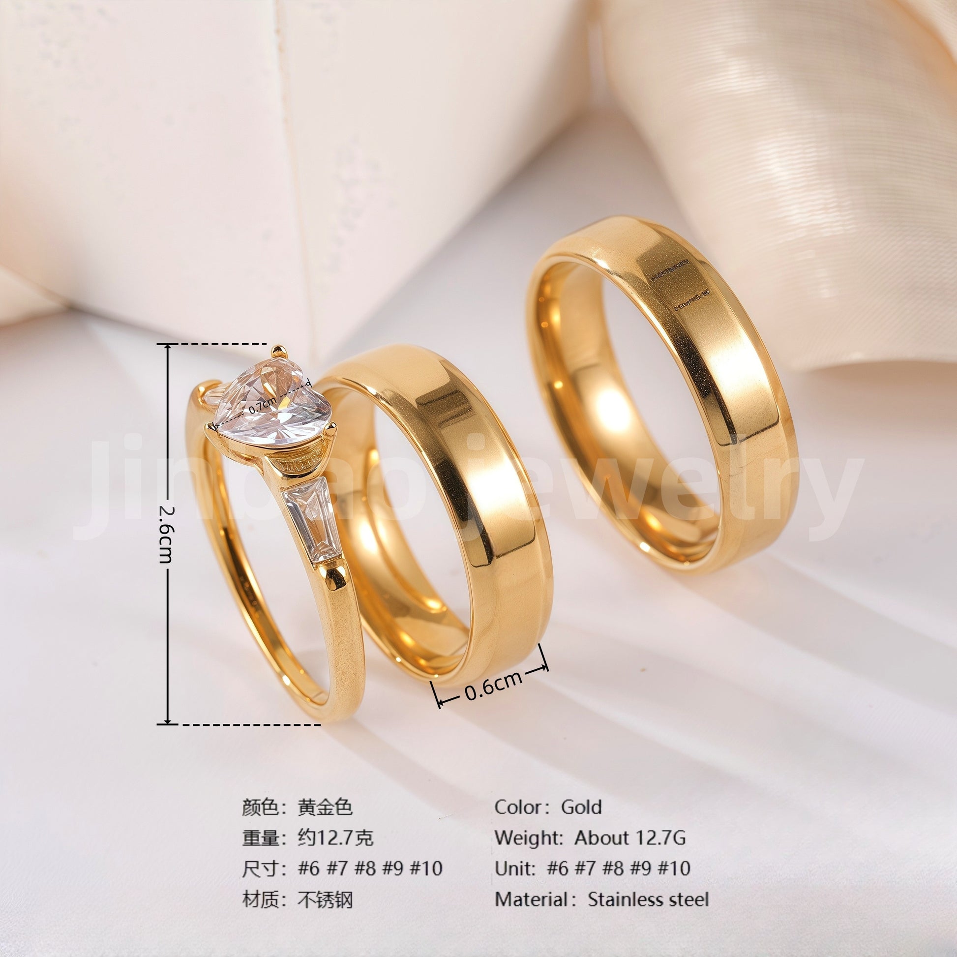 24k Gold-Plating 3 pc His & Her Wedding Ring Set Hypoallergenic, Cubic Zirconia Ring