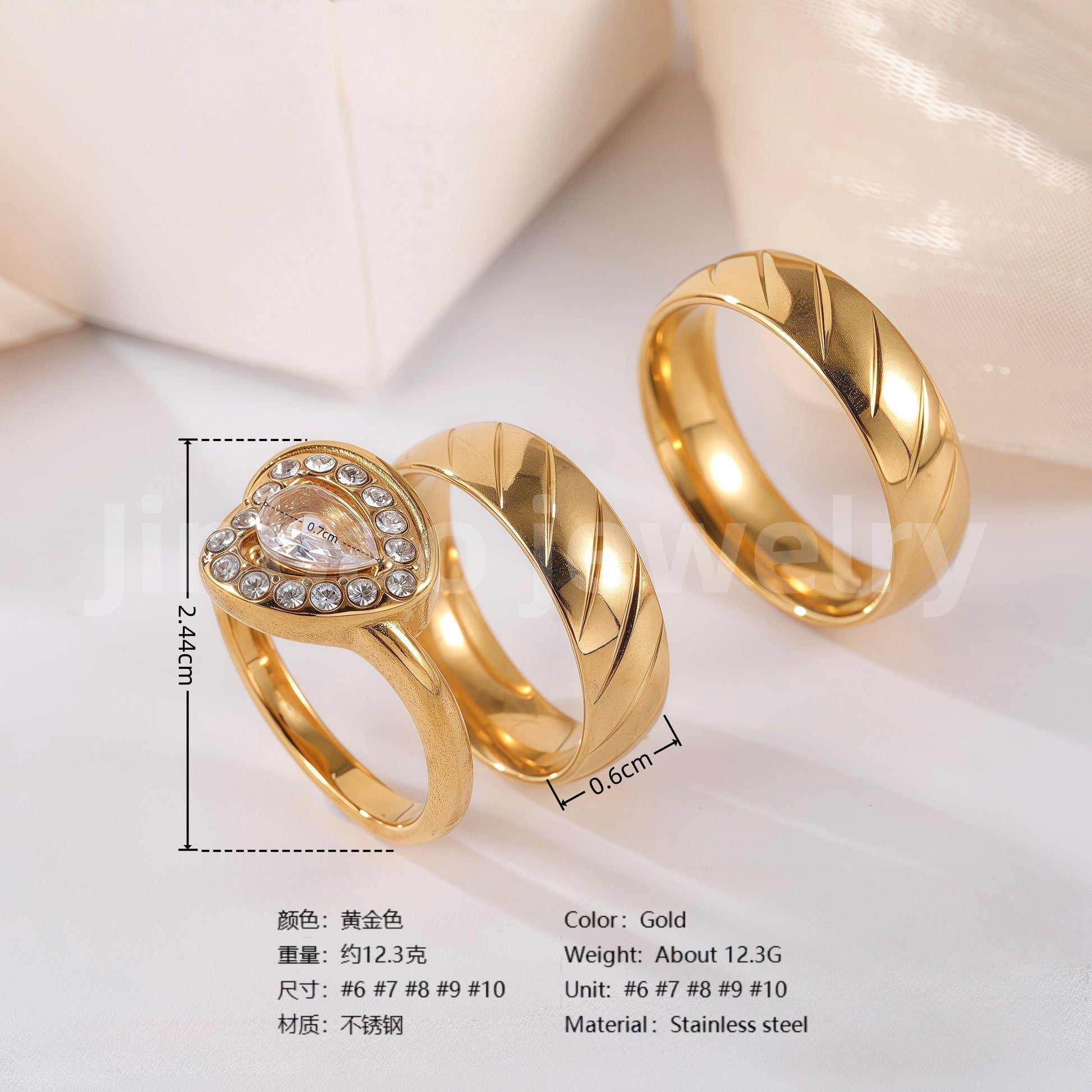 24k Gold-Plating 3 pc His & Her Wedding Ring Set Hypoallergenic, Cubic Zirconia Ring
