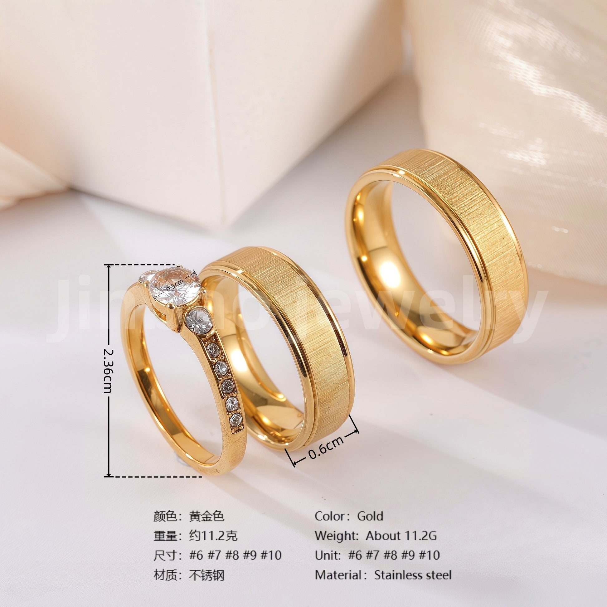 24k Gold-Plating 3 pc His & Her Wedding Ring Set Hypoallergenic, Cubic Zirconia Ring
