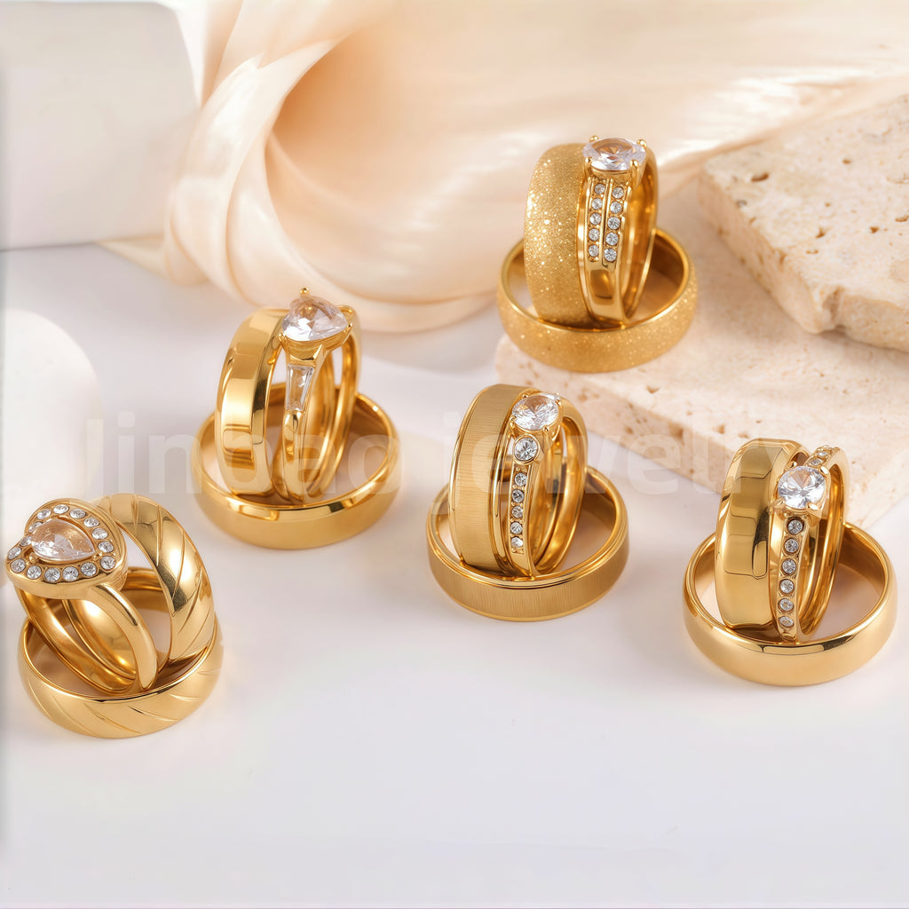 24k Gold-Plating 3 pc His & Her Wedding Ring Set Hypoallergenic, Cubic Zirconia Ring
