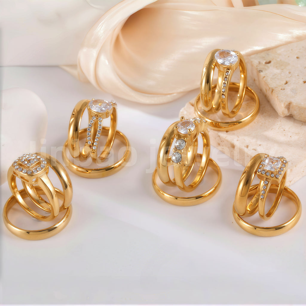 3 pc His & Her Gleaming Elegance Wedding Ring Set Hypoallergenic 24k Gold, Cubic Zirconia, Size 6-10