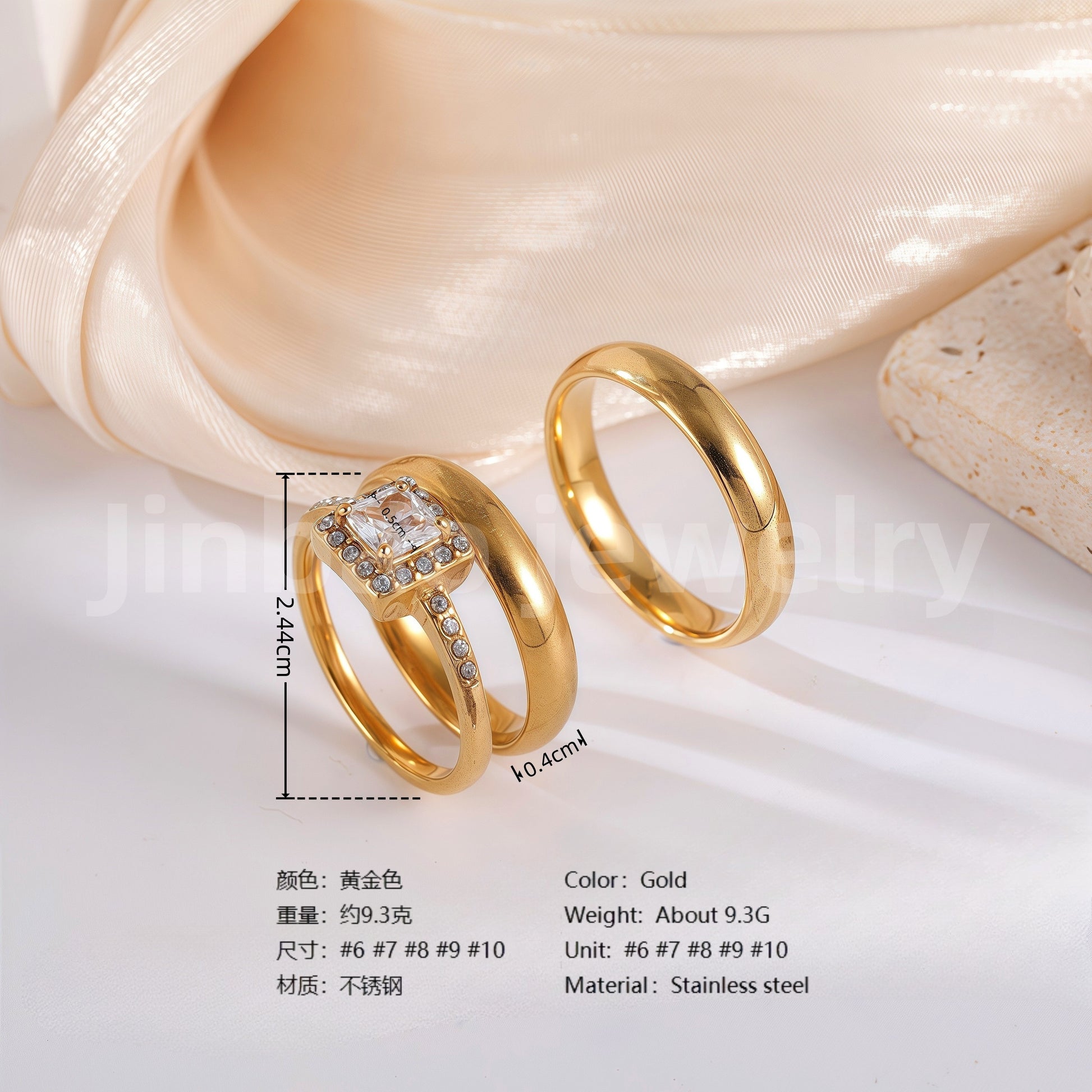 3 pc His & Her Gleaming Elegance Wedding Ring Set Hypoallergenic 24k Gold, Cubic Zirconia, Size 6-10