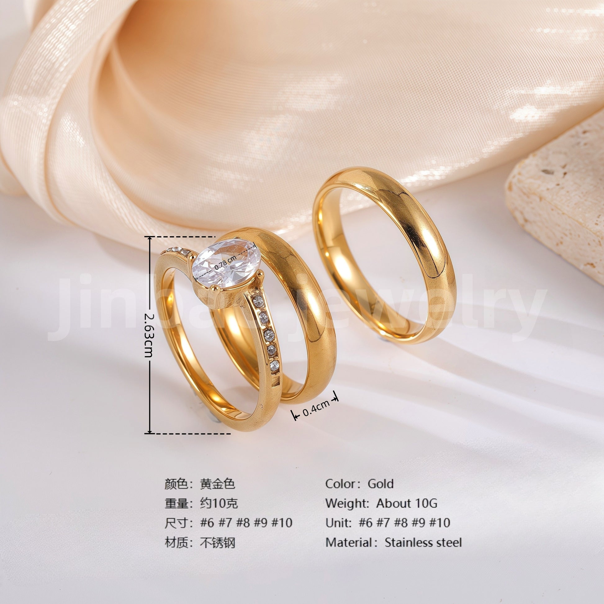 3 pc His & Her Gleaming Elegance Wedding Ring Set Hypoallergenic 24k Gold, Cubic Zirconia, Size 6-10