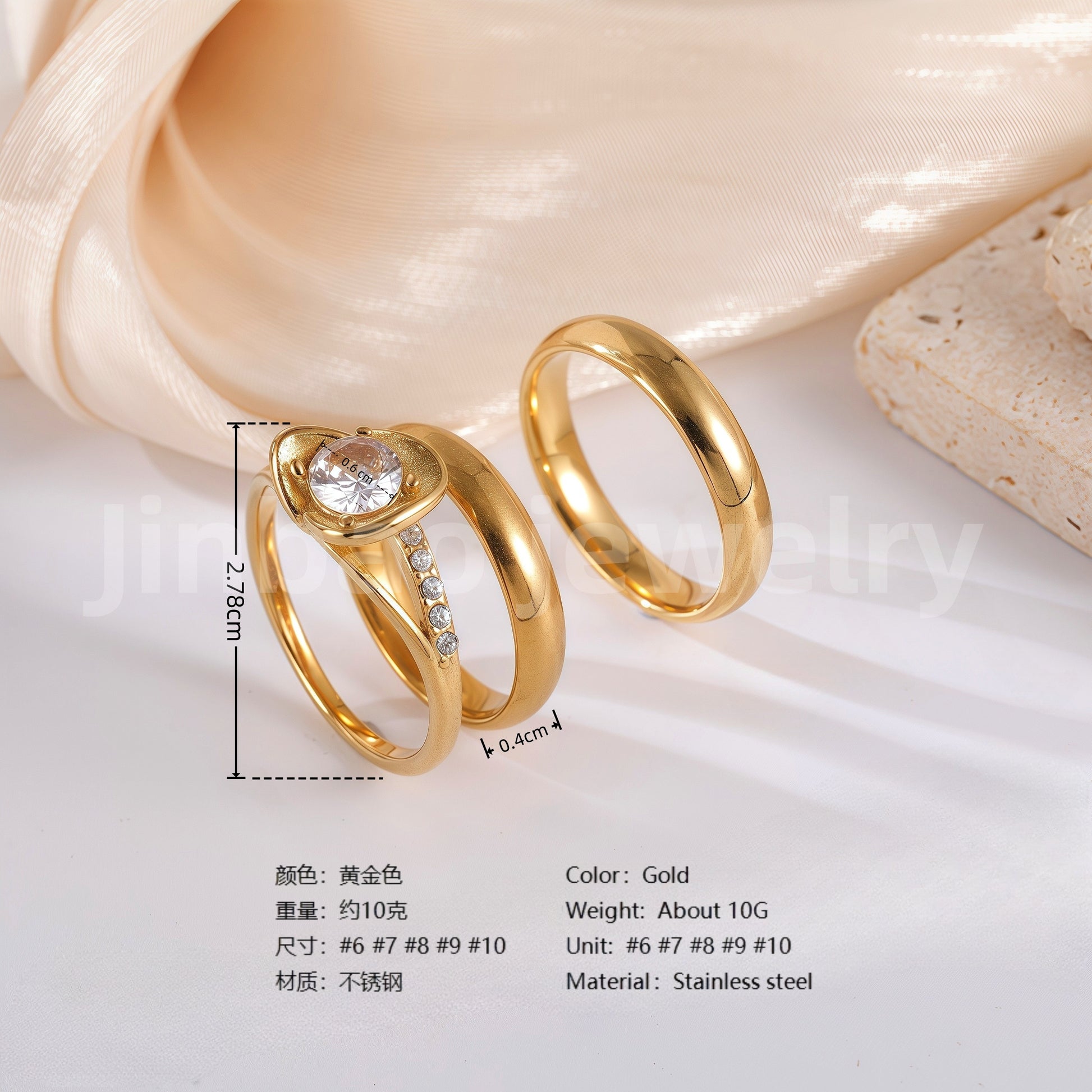 3 pc His & Her Crystal Glow Wedding Ring Set Hypoallergenic 24k Gold, Cubic Zirconia, Size 6-10