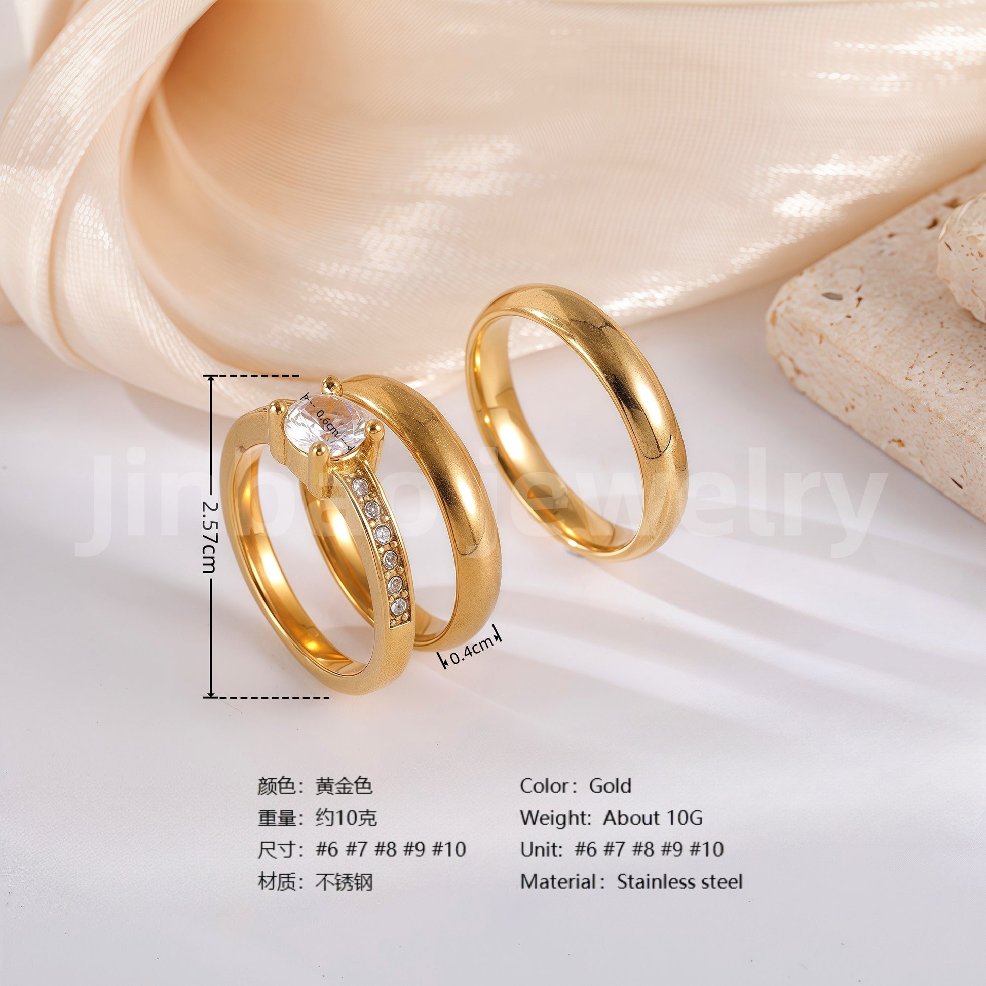 3 pc His & Her Crystal Glow Wedding Ring Set Hypoallergenic 24k Gold, Cubic Zirconia, Size 6-10