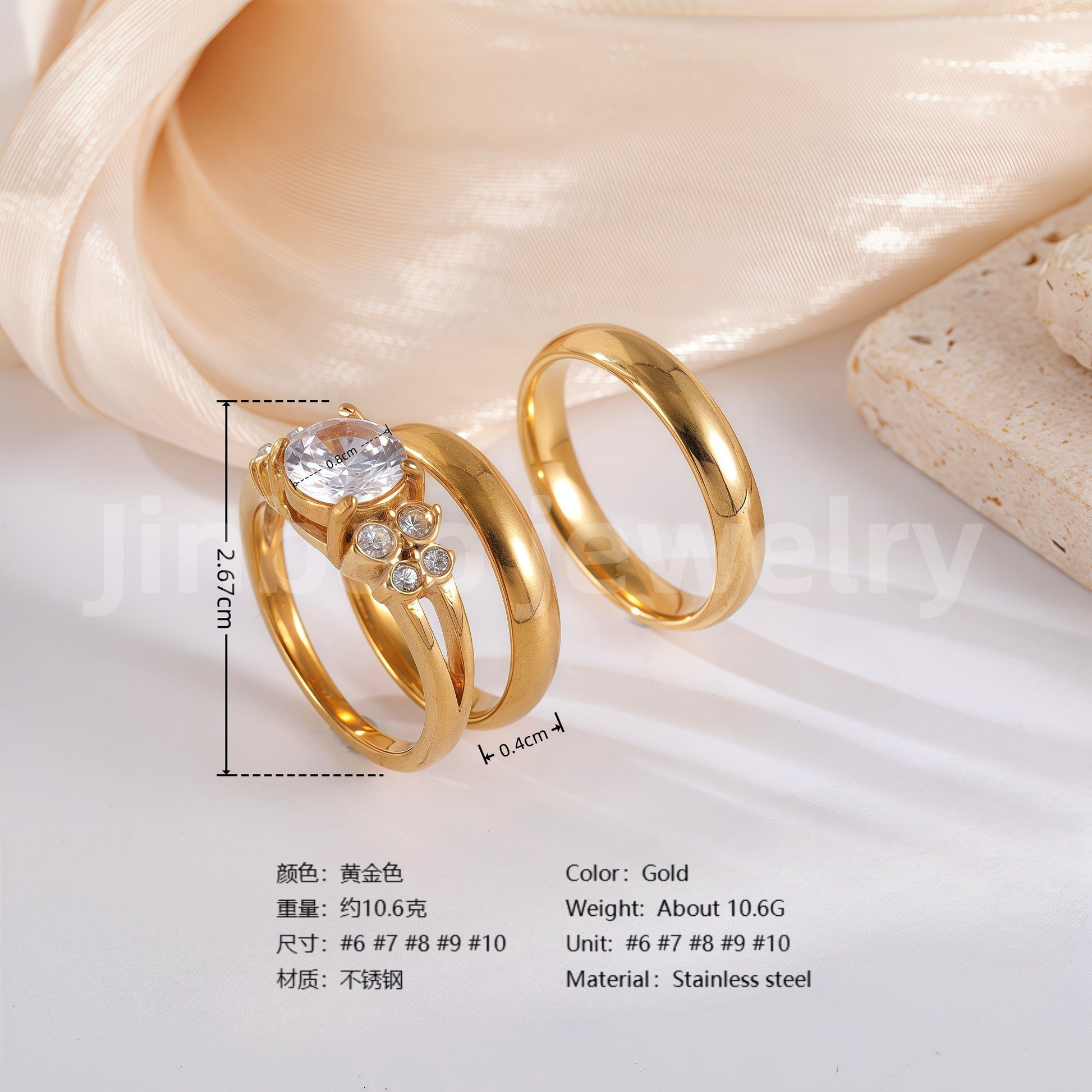 3 pc His & Her Crystal Glow Wedding Ring Set Hypoallergenic 24k Gold, Cubic Zirconia, Size 6-10
