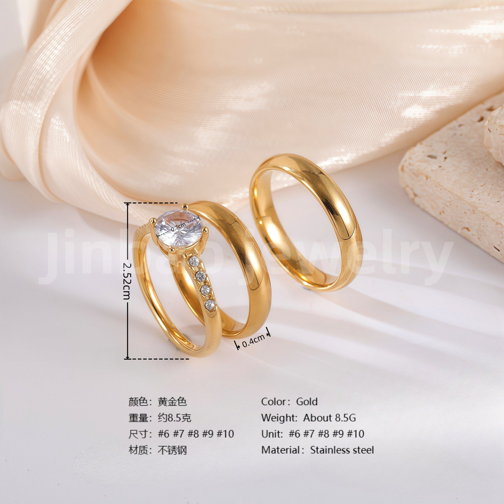 3 pc His & Her Crystal Glow Wedding Ring Set Hypoallergenic 24k Gold, Cubic Zirconia, Size 6-10