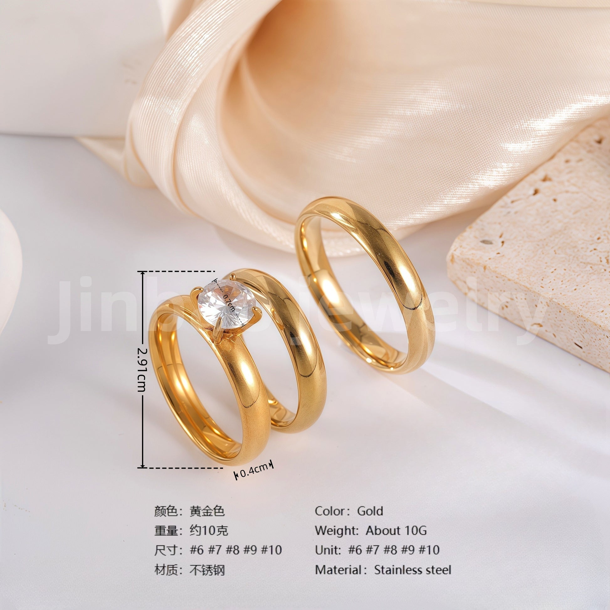 3 pc His & Her Wedding Ring Set Hypoallergenic 24k Gold, Cubic Zirconia, Size 6-10