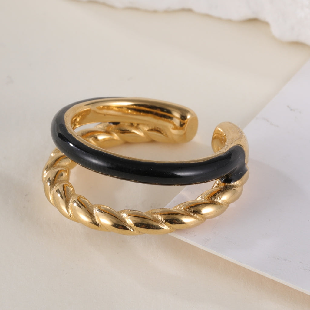 Gold and Black Stainless Steel Ring, Exquisite Twisted Texture and Smooth Black Band, Modern Minimalist Style, Perfect for Couple Rings/Daily Wear, Ideal Gift