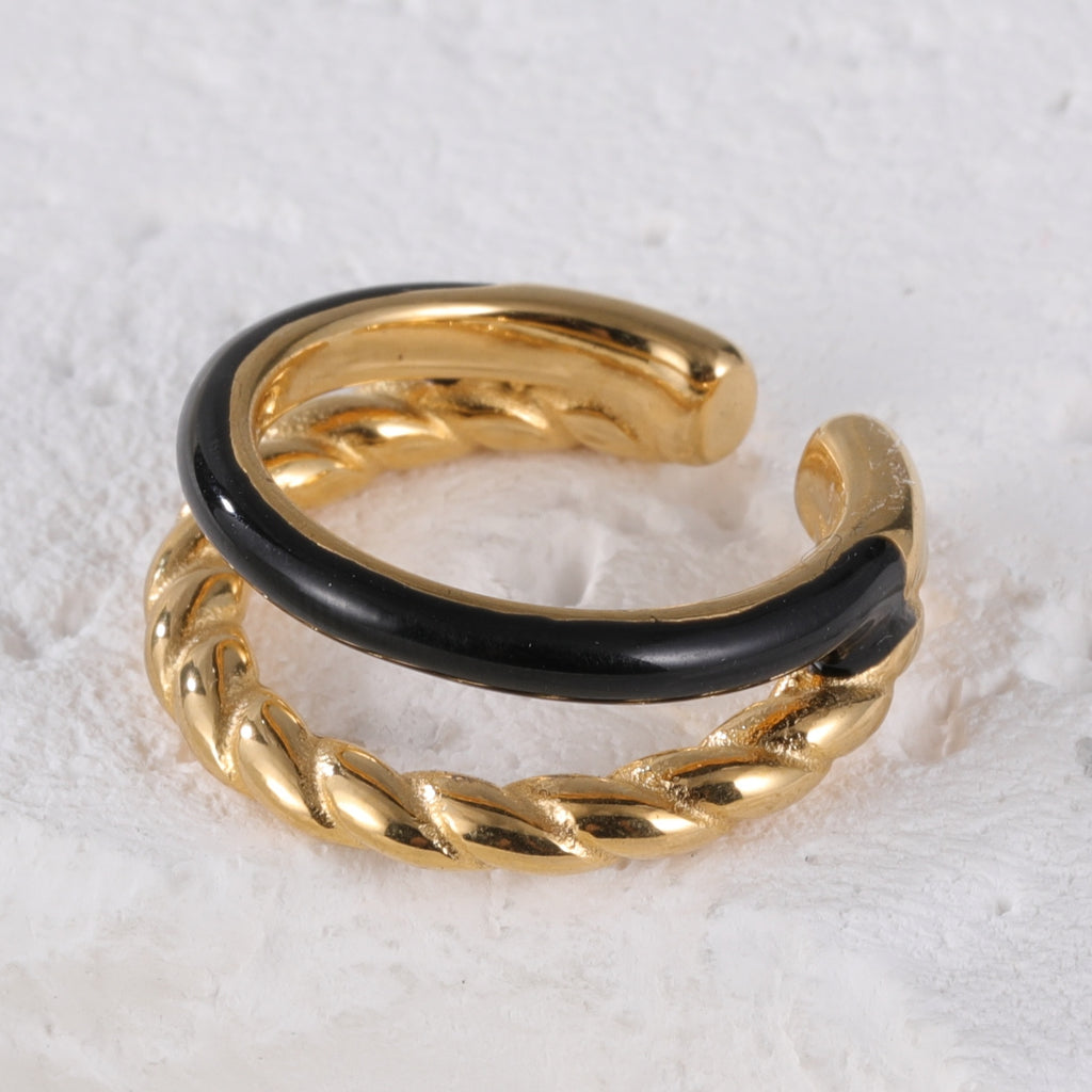 Gold and Black Stainless Steel Ring, Exquisite Twisted Texture and Smooth Black Band, Modern Minimalist Style, Perfect for Couple Rings/Daily Wear, Ideal Gift