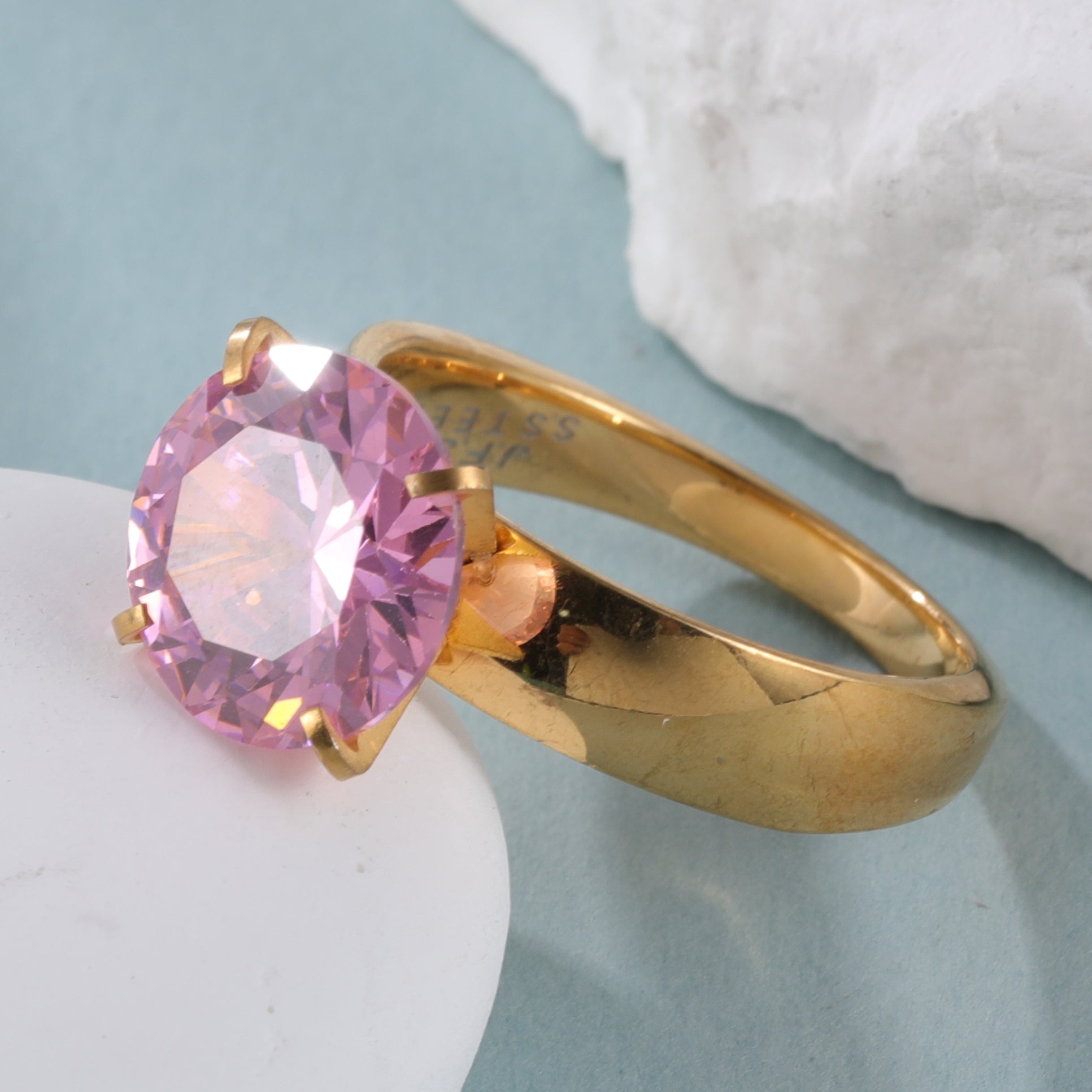 Stainless steel women's ring with large pink gemstone丨ST82