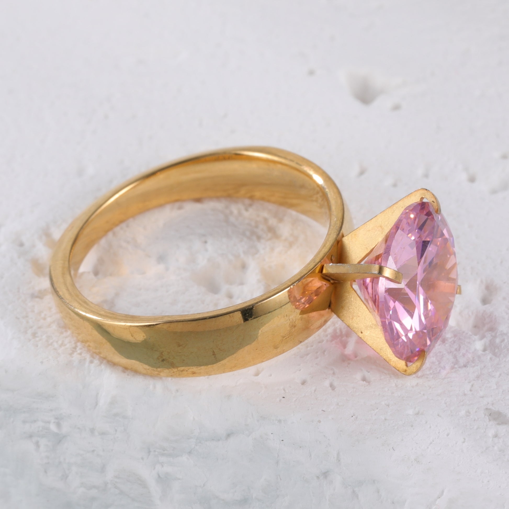 Stainless steel women's ring with large pink gemstone丨ST82