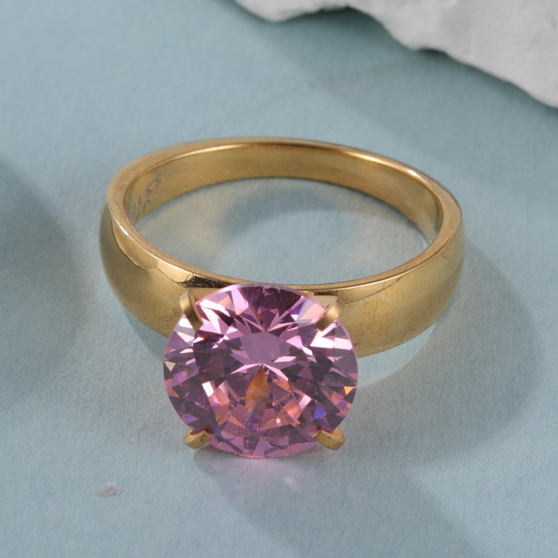 Stainless steel women's ring with large pink gemstone丨ST82