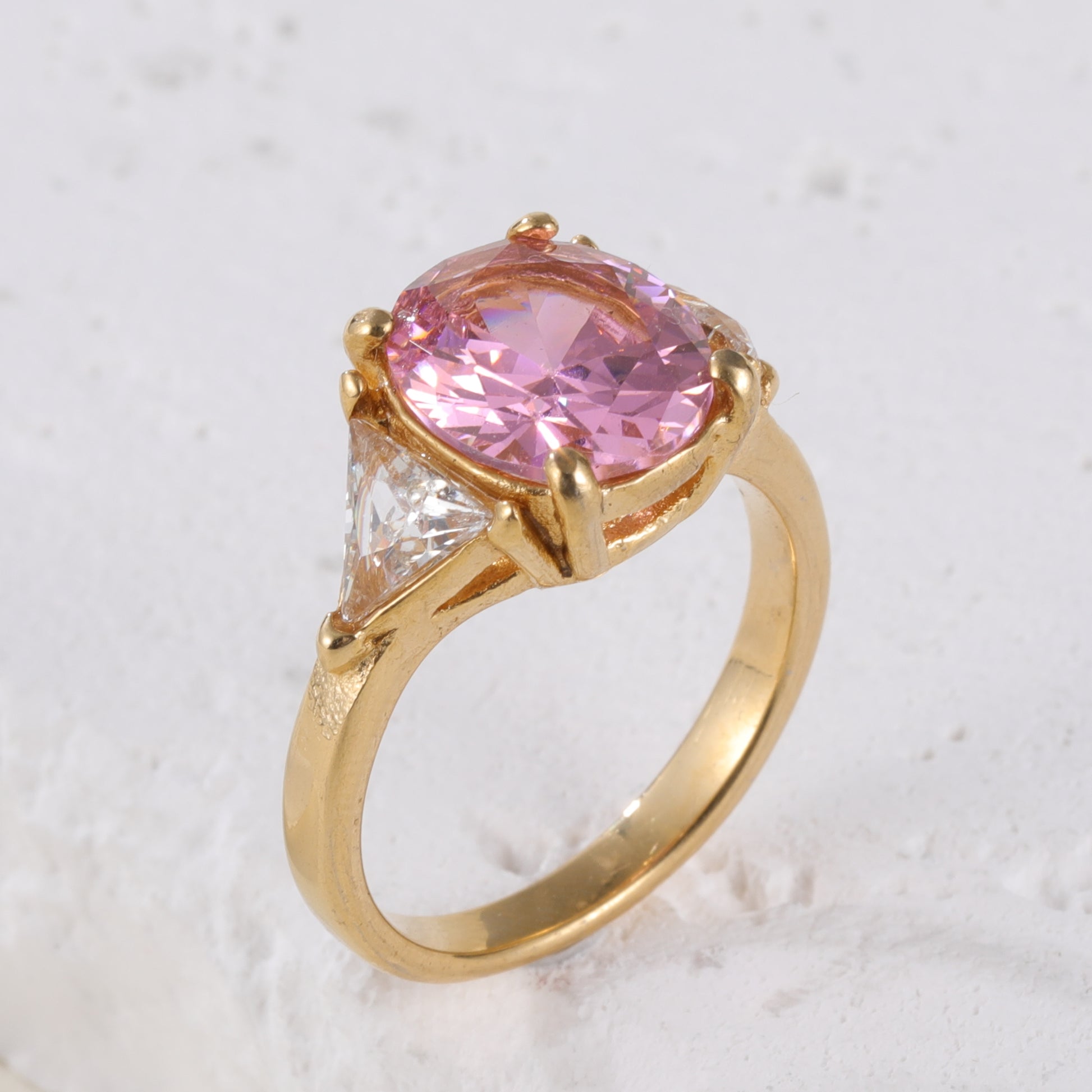 Luxurious Pink Stainless Steel Ring with Large Pink Gemstone and Two Clear Triangular Crystals, Elegant Triangular Design, Perfect Fashion Ring for Women, Ideal Gift