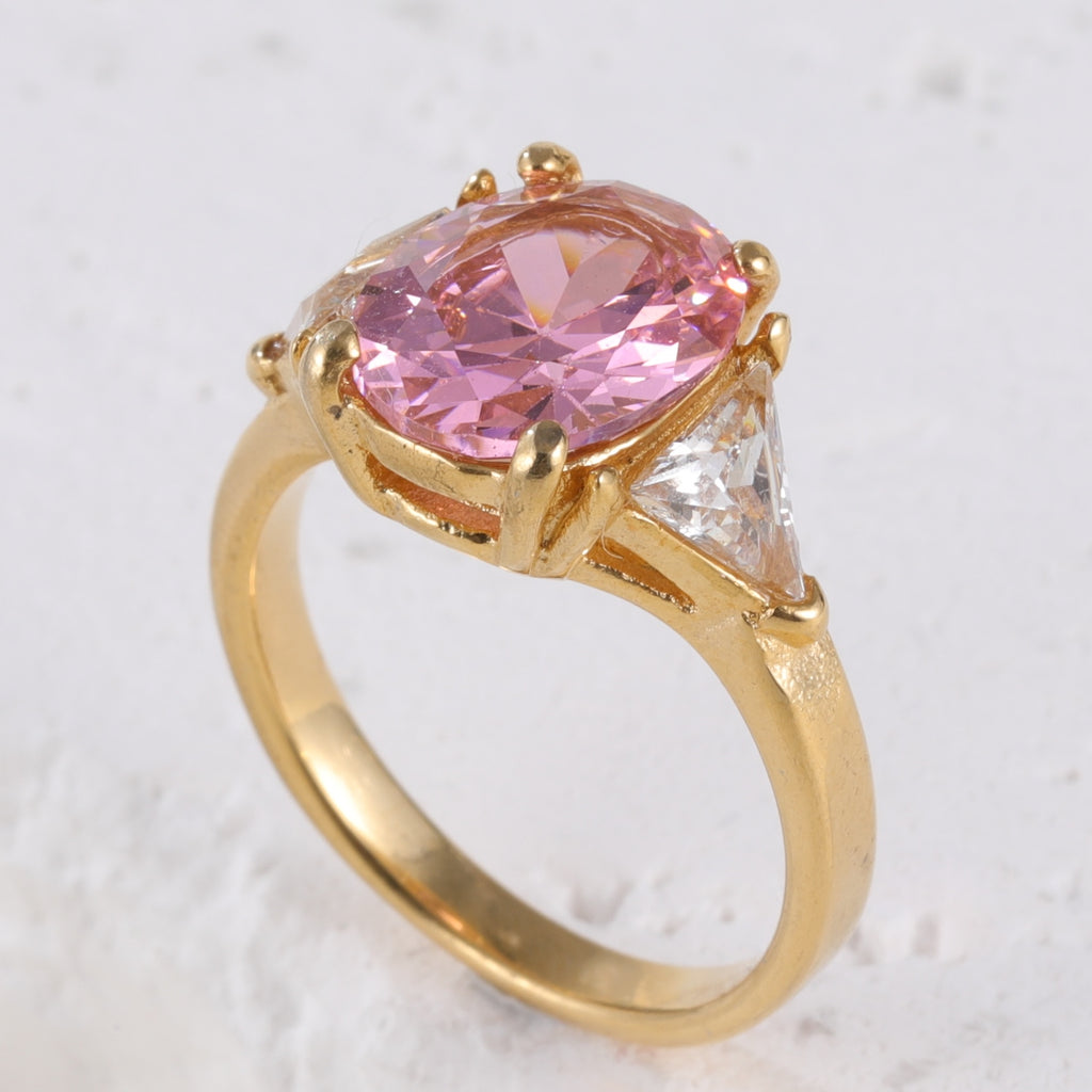 Luxurious Pink Stainless Steel Ring with Large Pink Gemstone and Two Clear Triangular Crystals, Elegant Triangular Design, Perfect Fashion Ring for Women, Ideal Gift