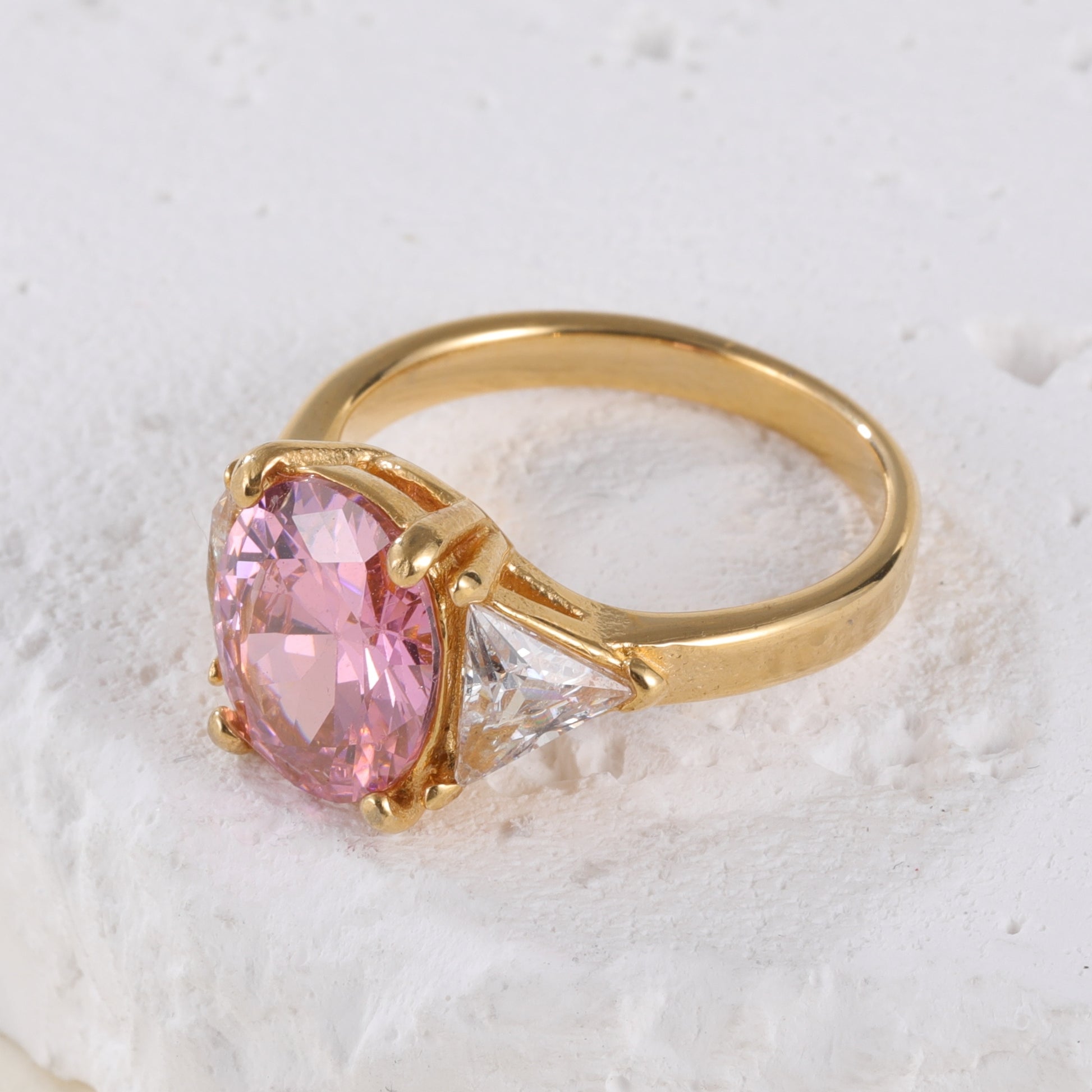 Luxurious Pink Stainless Steel Ring with Large Pink Gemstone and Two Clear Triangular Crystals, Elegant Triangular Design, Perfect Fashion Ring for Women, Ideal Gift