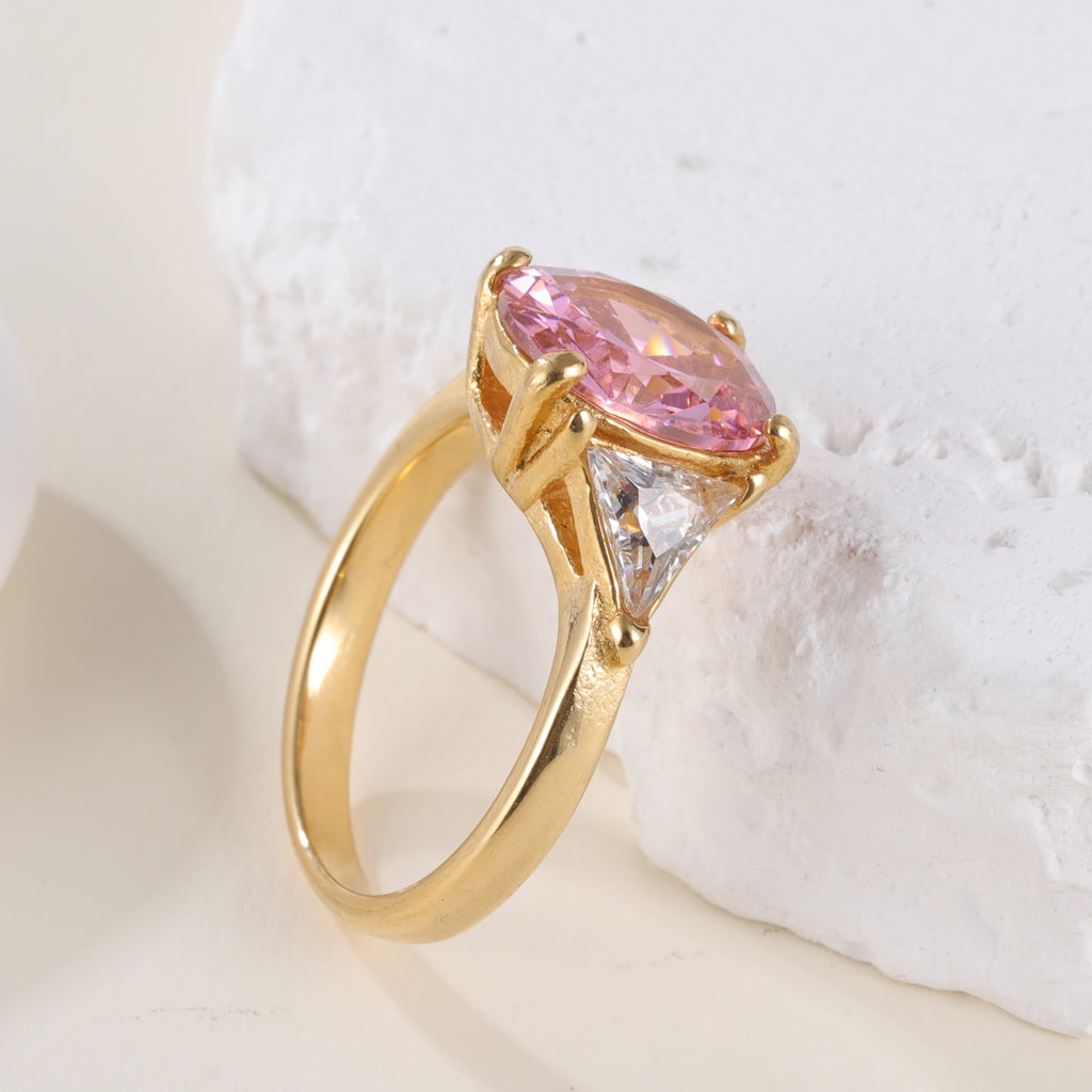 Luxurious Pink Stainless Steel Ring with Large Pink Gemstone and Two Clear Triangular Crystals, Elegant Triangular Design, Perfect Fashion Ring for Women, Ideal Gift