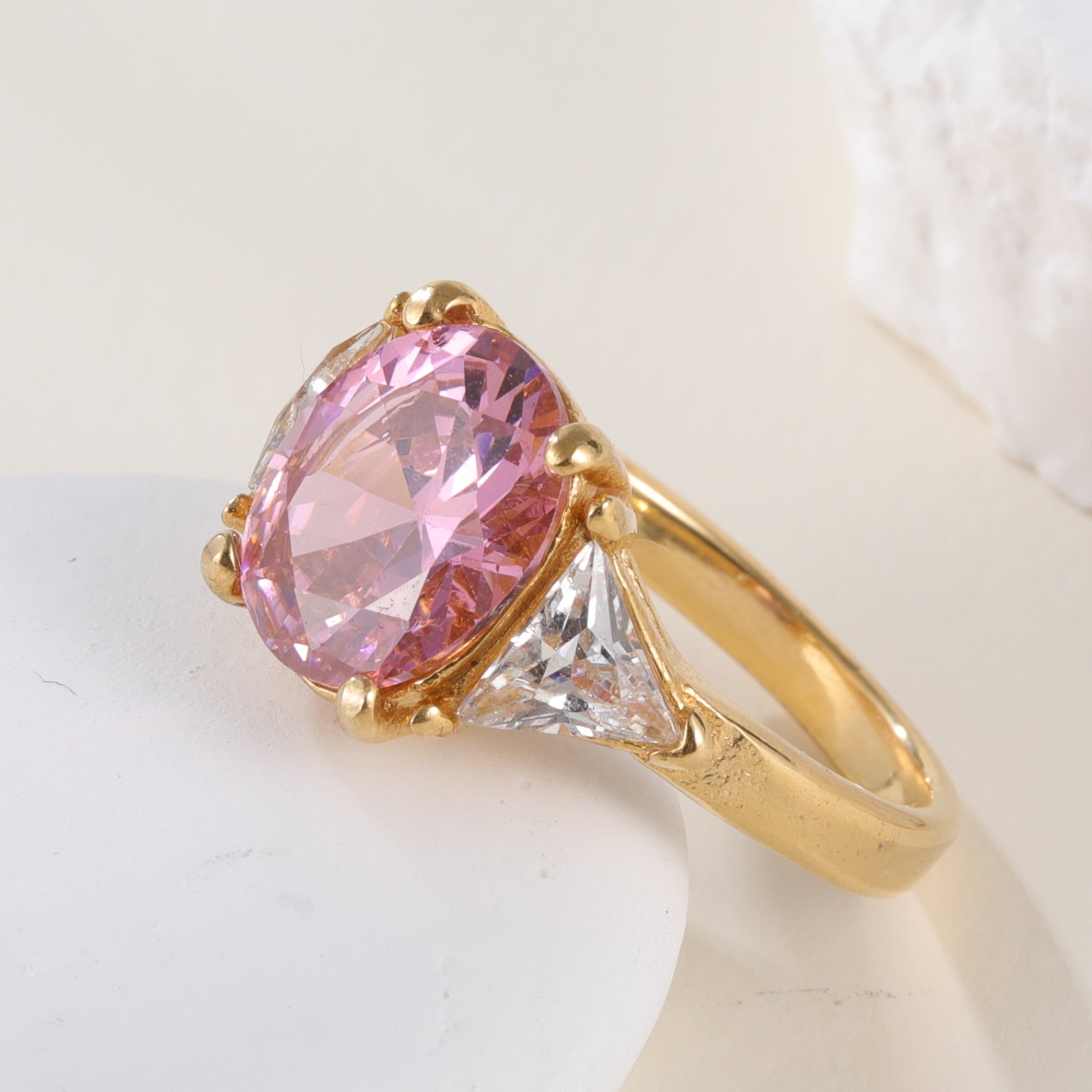 Luxurious Pink Stainless Steel Ring with Large Pink Gemstone and Two Clear Triangular Crystals, Elegant Triangular Design, Perfect Fashion Ring for Women, Ideal Gift