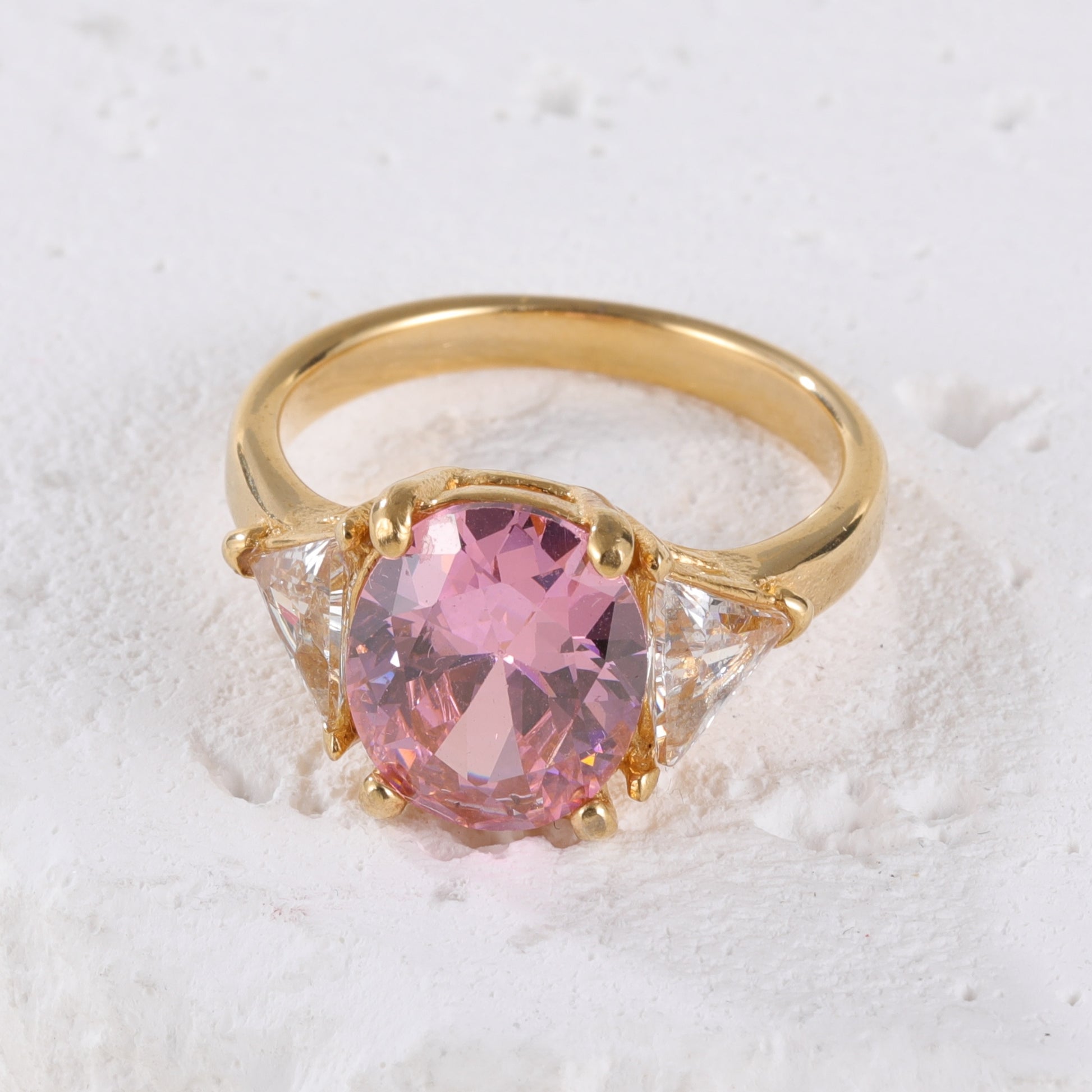 Luxurious Pink Stainless Steel Ring with Large Pink Gemstone and Two Clear Triangular Crystals, Elegant Triangular Design, Perfect Fashion Ring for Women, Ideal Gift