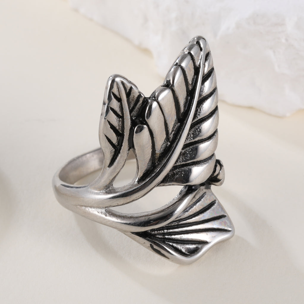 Simple Natural Leaf Silver Stainless Steel Women's Ring丨K07151