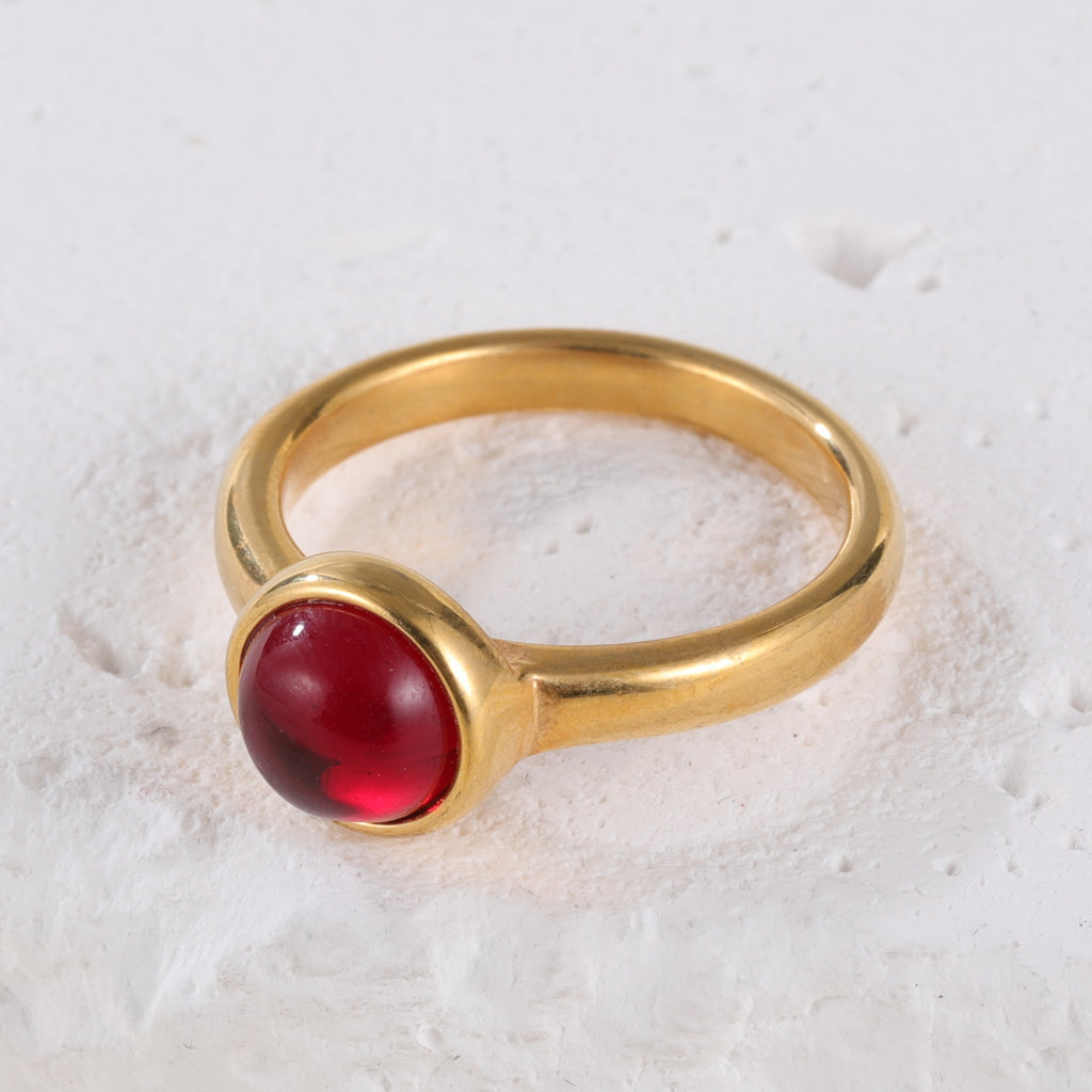 Classic Minimalist Stainless Steel Ring with Red Cabochon Gemstone, Round Gemstone Design, Modern Elegant Style, Perfect Fashion Ring for Women, Ideal Gift