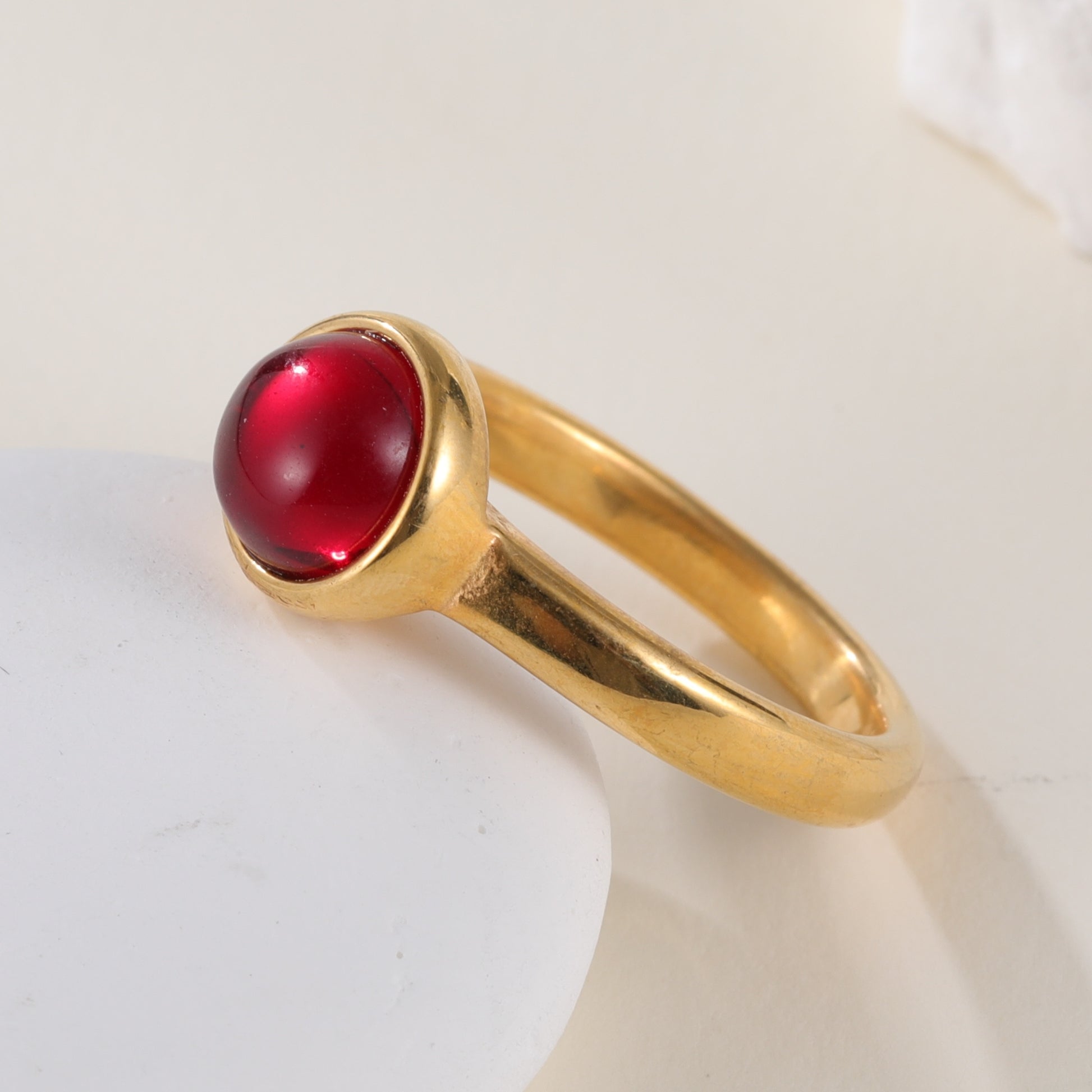 Classic Minimalist Stainless Steel Ring with Red Cabochon Gemstone, Round Gemstone Design, Modern Elegant Style, Perfect Fashion Ring for Women, Ideal Gift
