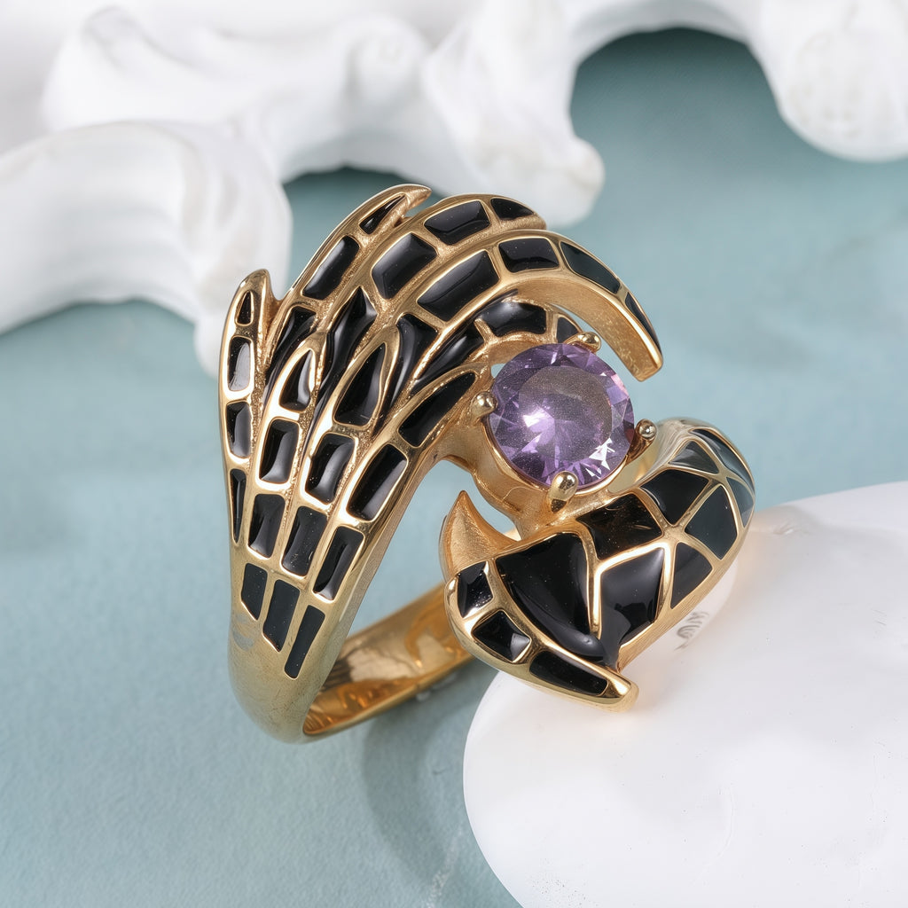 Creative Gemstone and Black Enamel Stainless Steel Women's Ring丨C-309