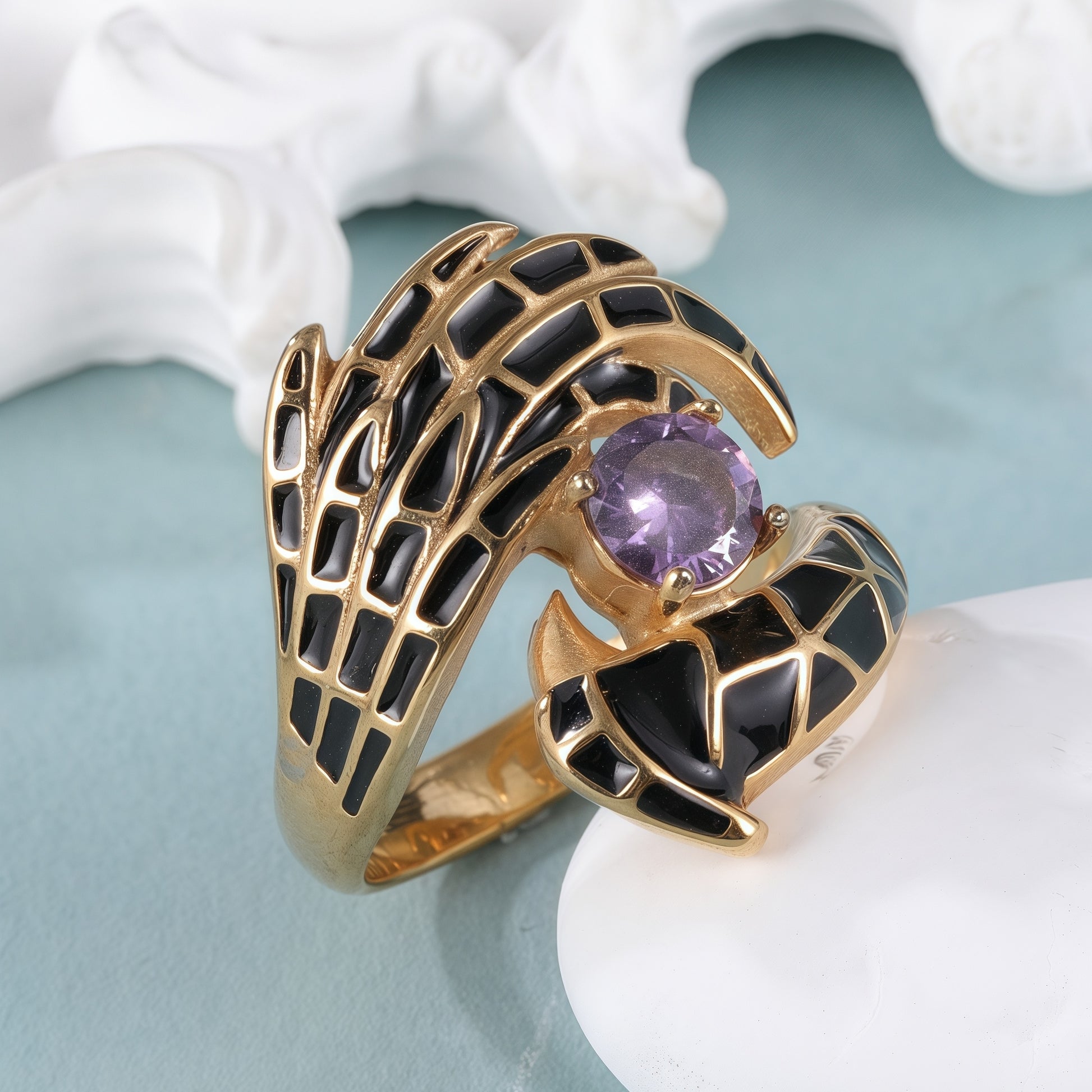 Creative Gemstone and Black Enamel Stainless Steel Women's Ring丨C-309