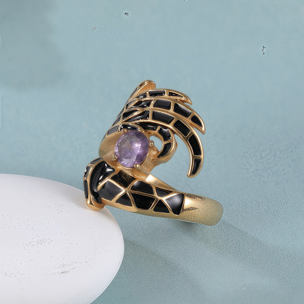 Creative Gemstone and Black Enamel Stainless Steel Women's Ring丨C-309