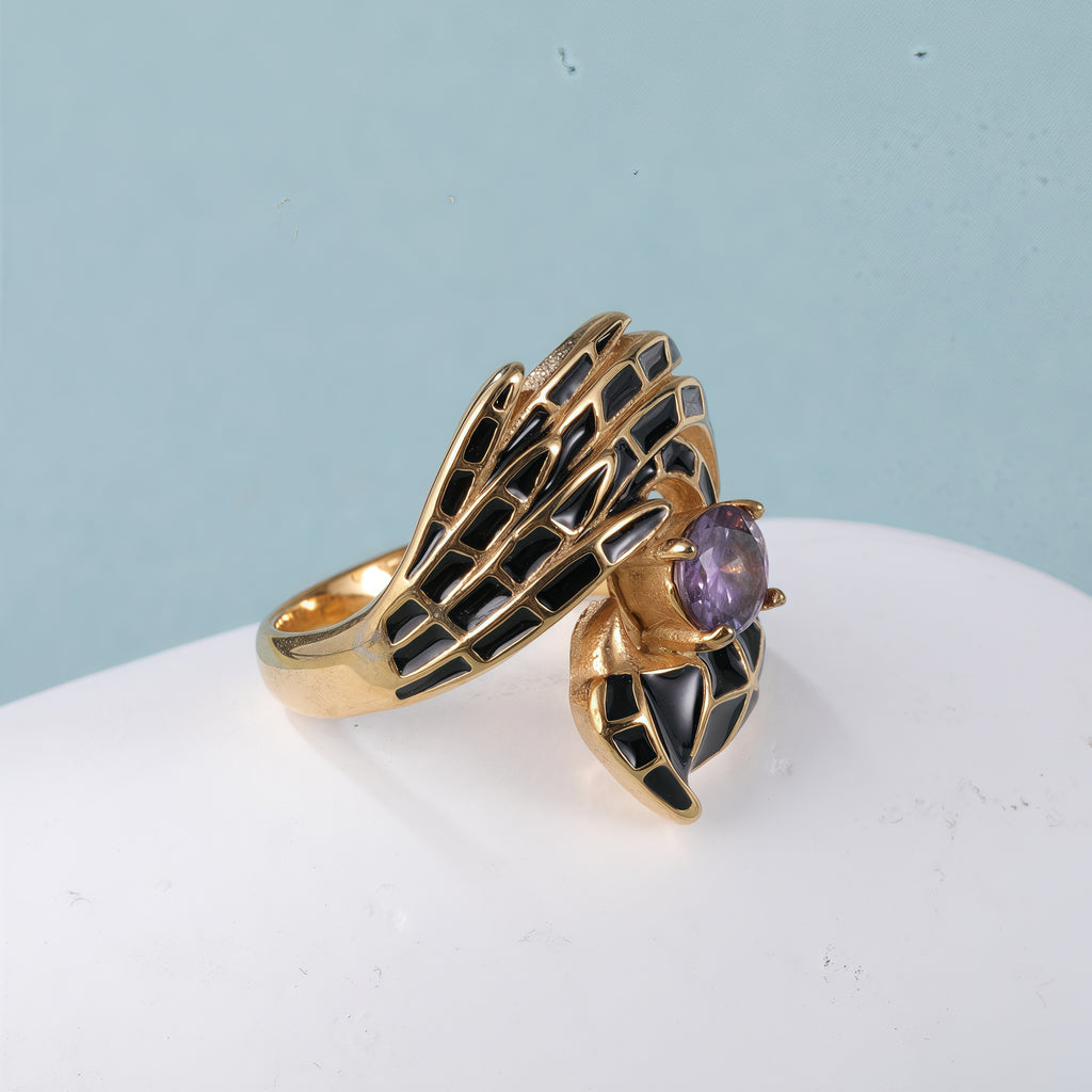 Creative Gemstone and Black Enamel Stainless Steel Women's Ring丨C-309