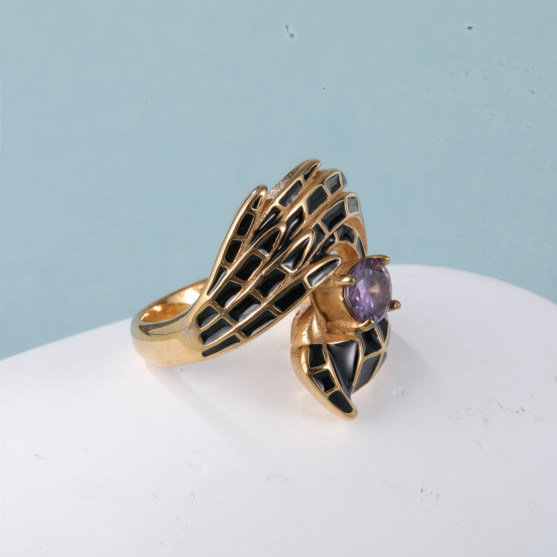 Creative Gemstone and Black Enamel Stainless Steel Women's Ring丨C-309