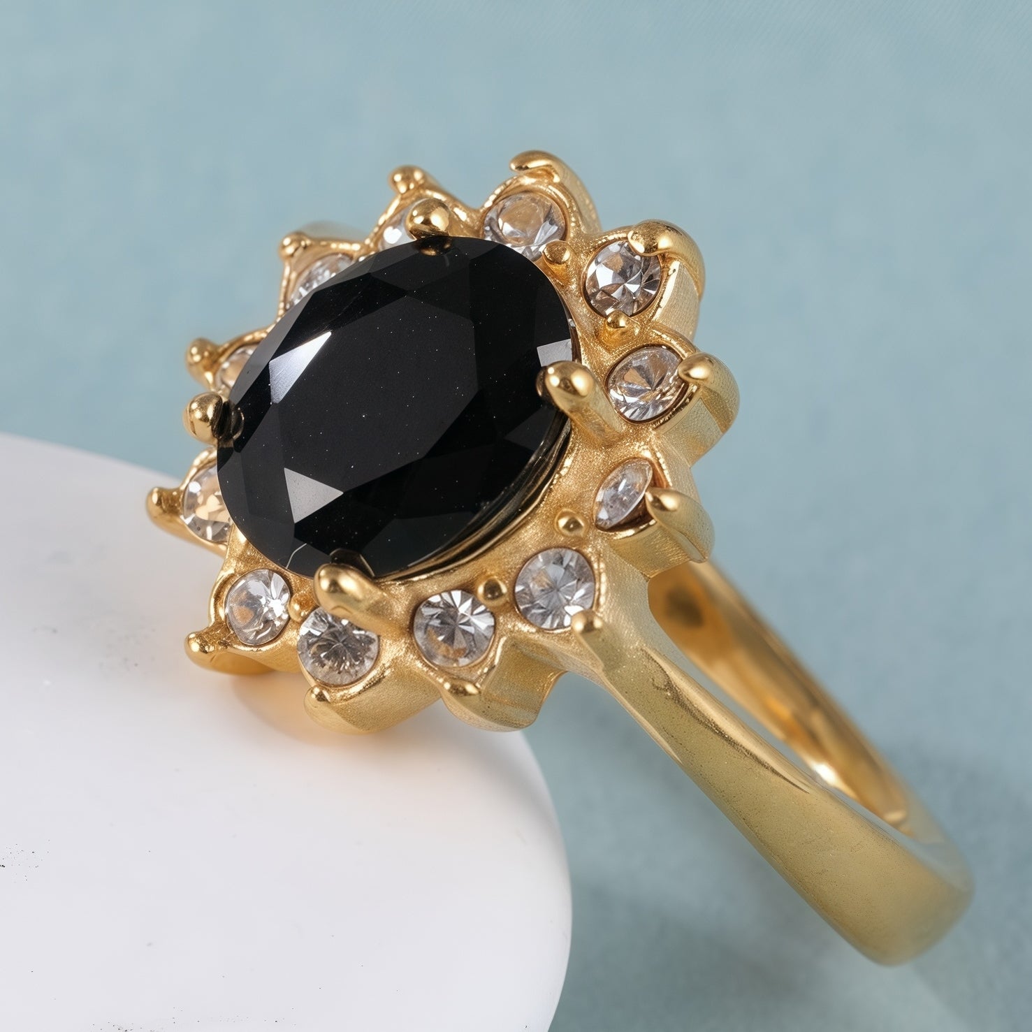 Classic Elegant Stainless Steel Ring with Black Gemstone and Clear Crystals, Exquisite Floral Setting, Perfect Fashion Ring for Women, Ideal Gift