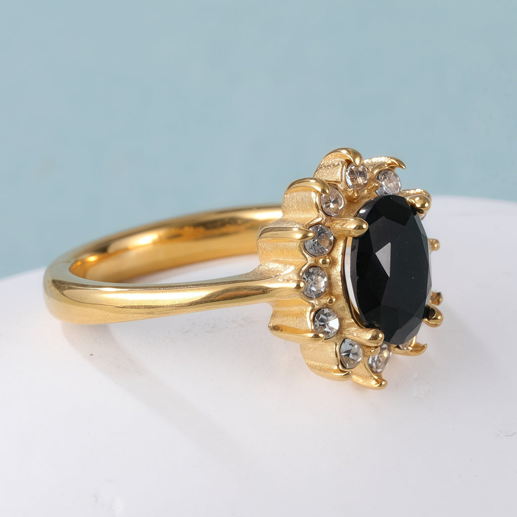 Classic Elegant Stainless Steel Ring with Black Gemstone and Clear Crystals, Exquisite Floral Setting, Perfect Fashion Ring for Women, Ideal Gift