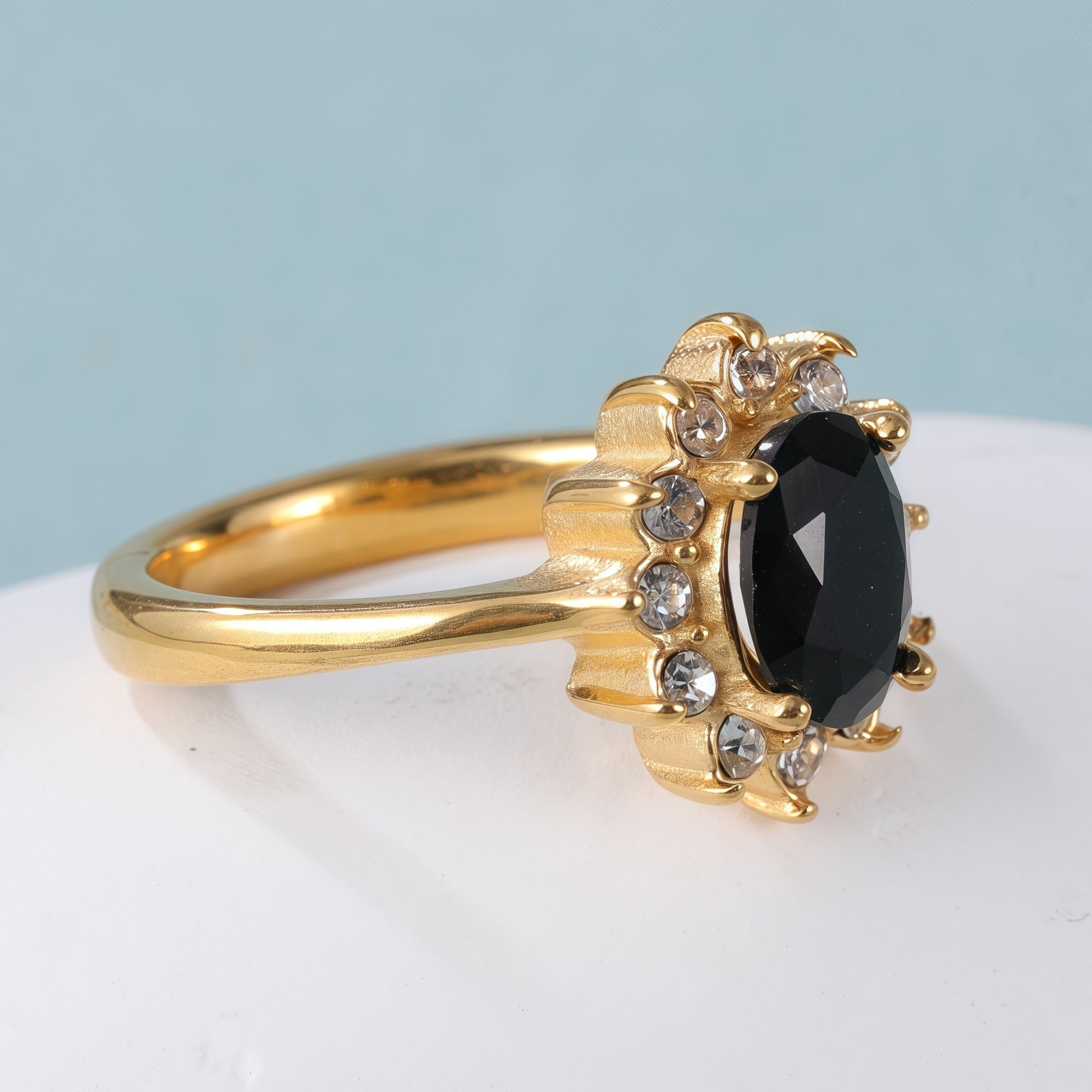 Classic Elegant Stainless Steel Ring with Black Gemstone and Clear Crystals, Exquisite Floral Setting, Perfect Fashion Ring for Women, Ideal Gift