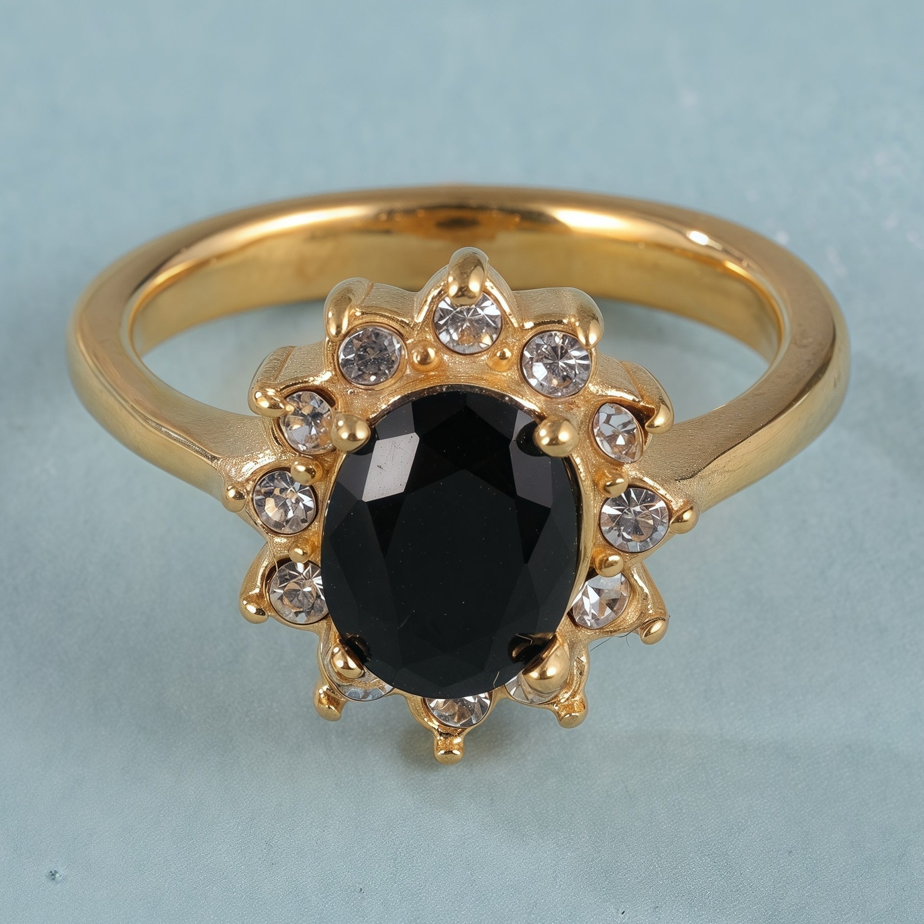 Classic Elegant Stainless Steel Ring with Black Gemstone and Clear Crystals, Exquisite Floral Setting, Perfect Fashion Ring for Women, Ideal Gift