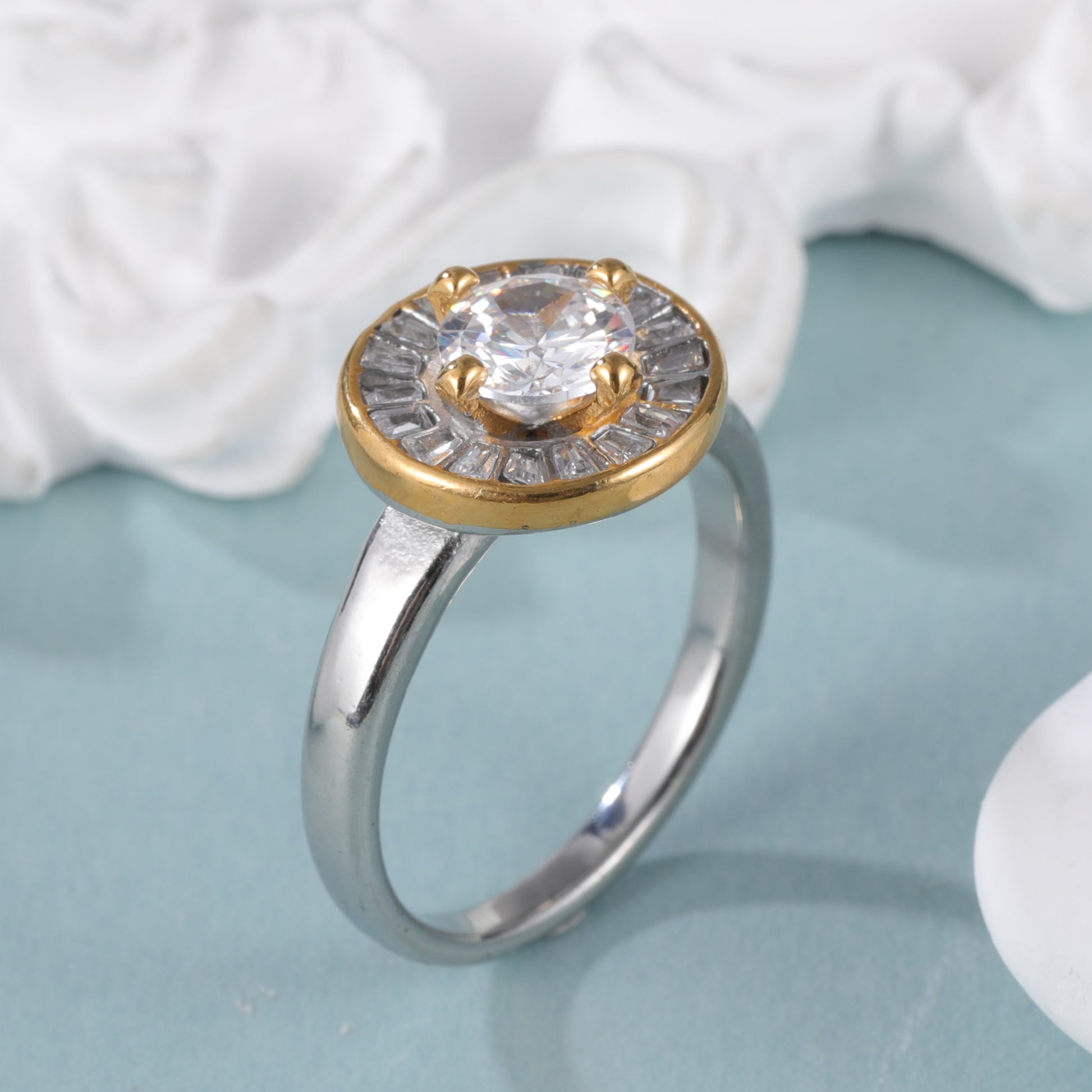 Gold and Silver Stainless Steel Ring with Round Center Stone and Baguette Crystals, Modern Elegant Style, Perfect Fashion Ring for Women, Ideal Gift