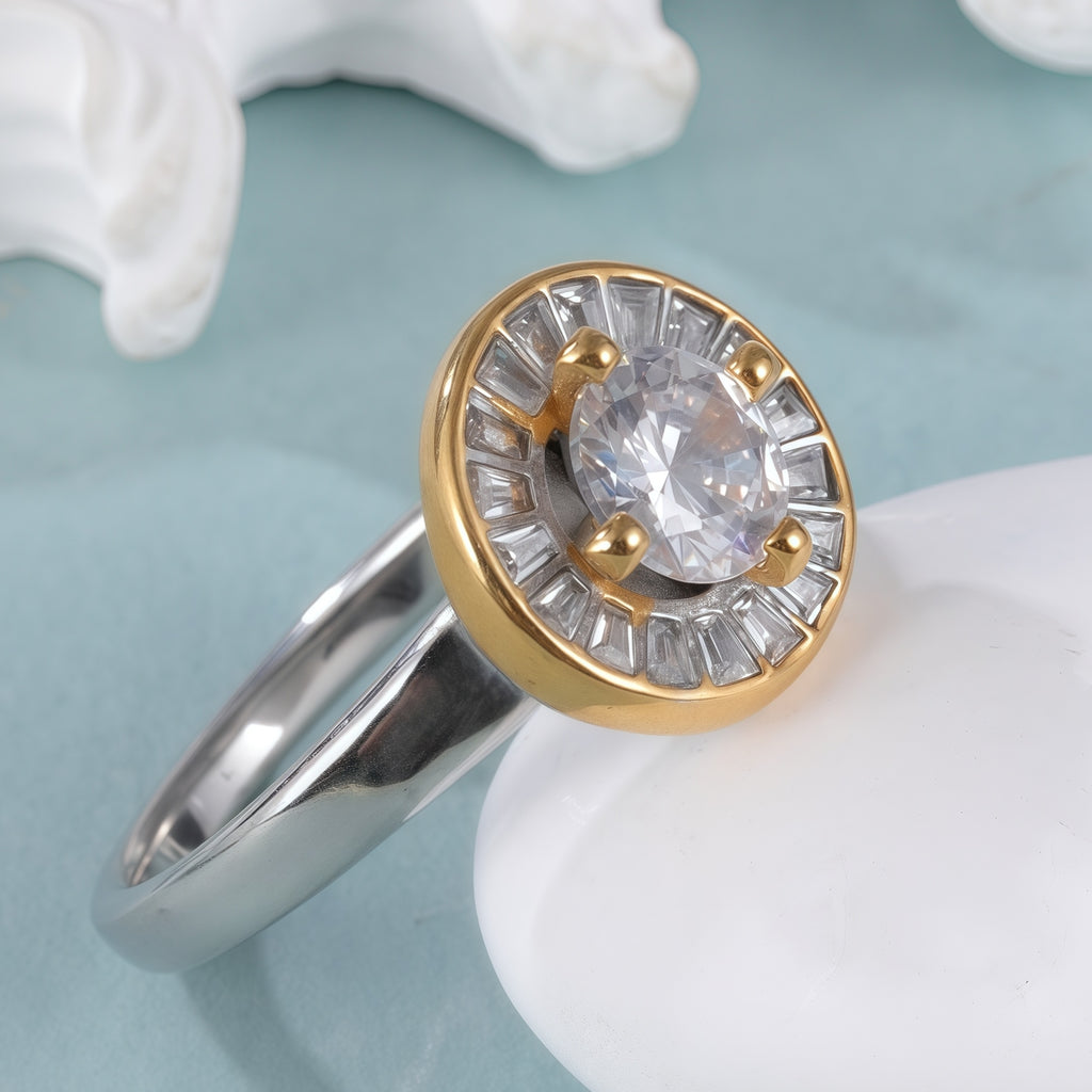 Gold and Silver Stainless Steel Ring with Round Center Stone and Baguette Crystals, Modern Elegant Style, Perfect Fashion Ring for Women, Ideal Gift