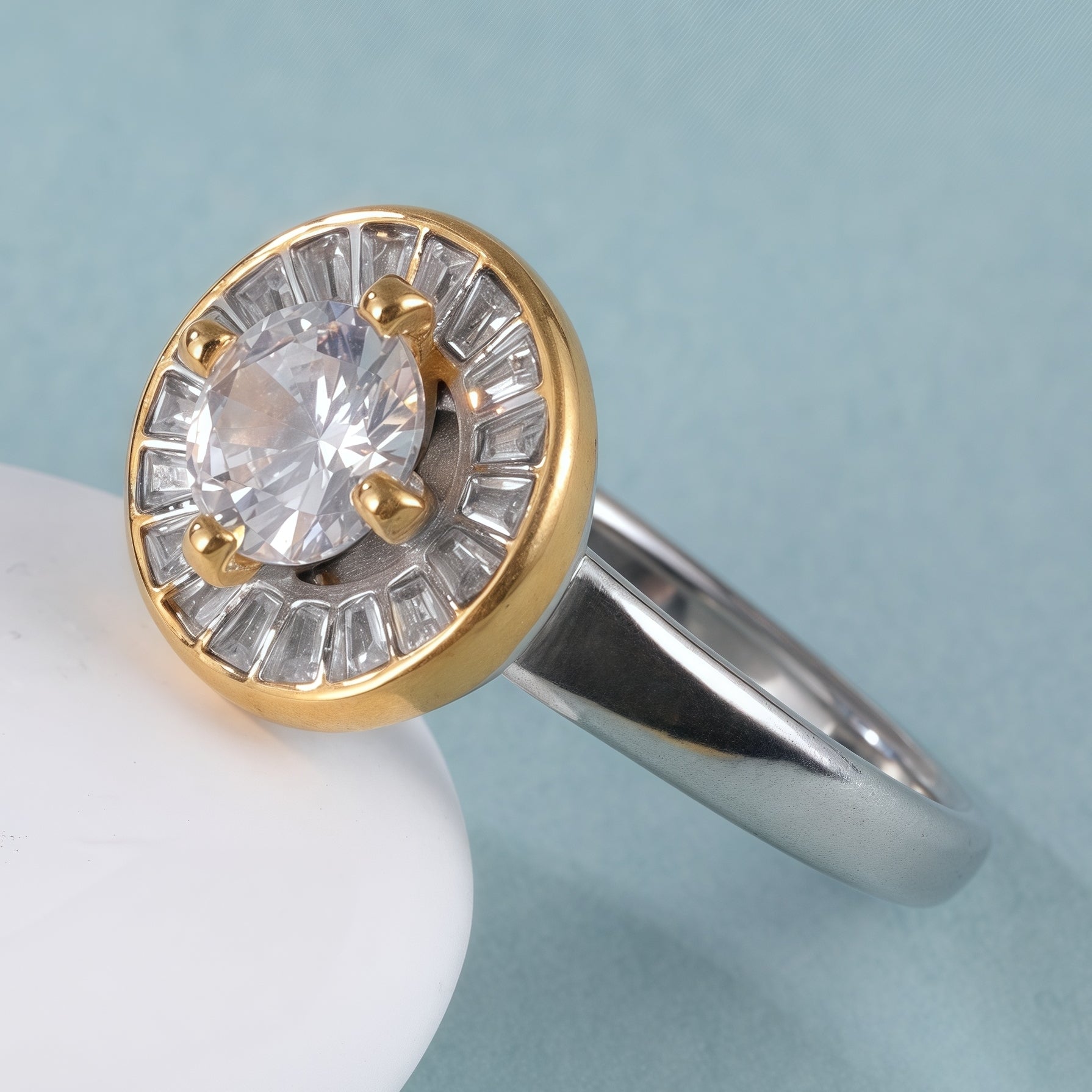 Gold and Silver Stainless Steel Ring with Round Center Stone and Baguette Crystals, Modern Elegant Style, Perfect Fashion Ring for Women, Ideal Gift
