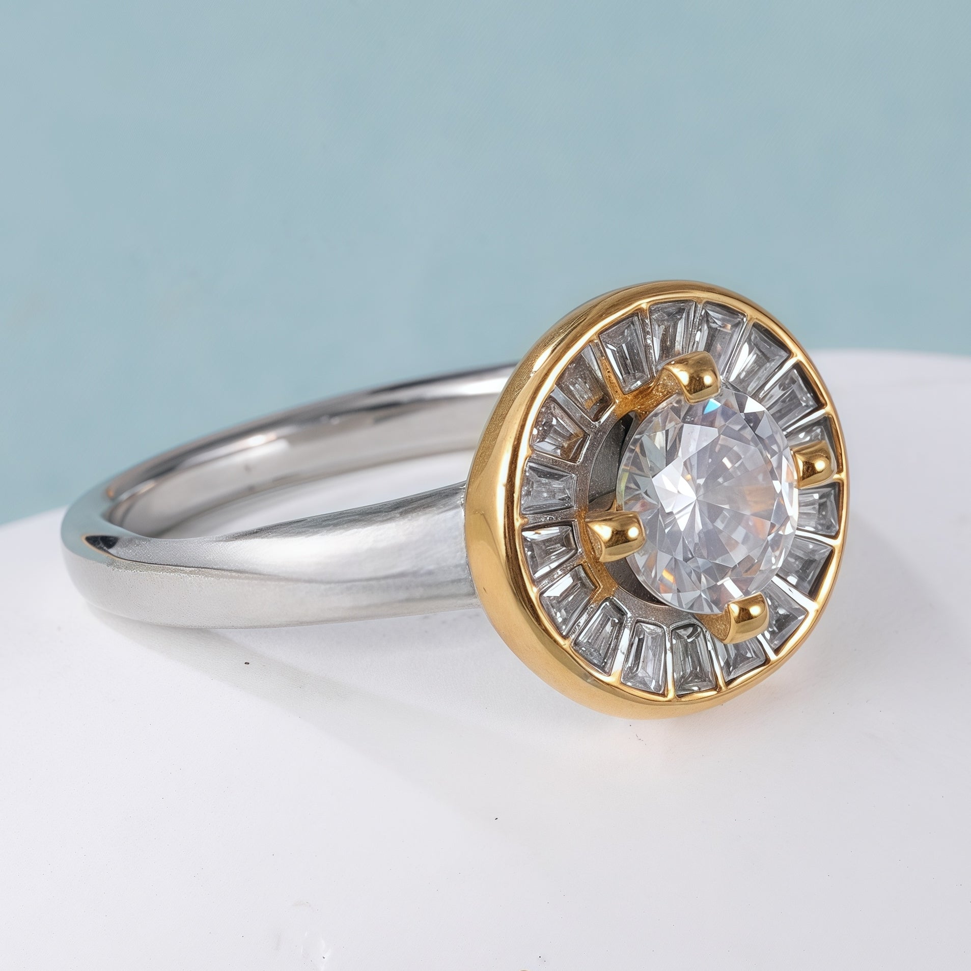 Gold and Silver Stainless Steel Ring with Round Center Stone and Baguette Crystals, Modern Elegant Style, Perfect Fashion Ring for Women, Ideal Gift