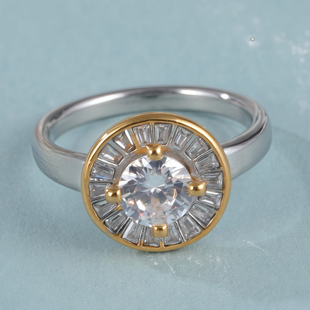 Gold and Silver Stainless Steel Ring with Round Center Stone and Baguette Crystals, Modern Elegant Style, Perfect Fashion Ring for Women, Ideal Gift