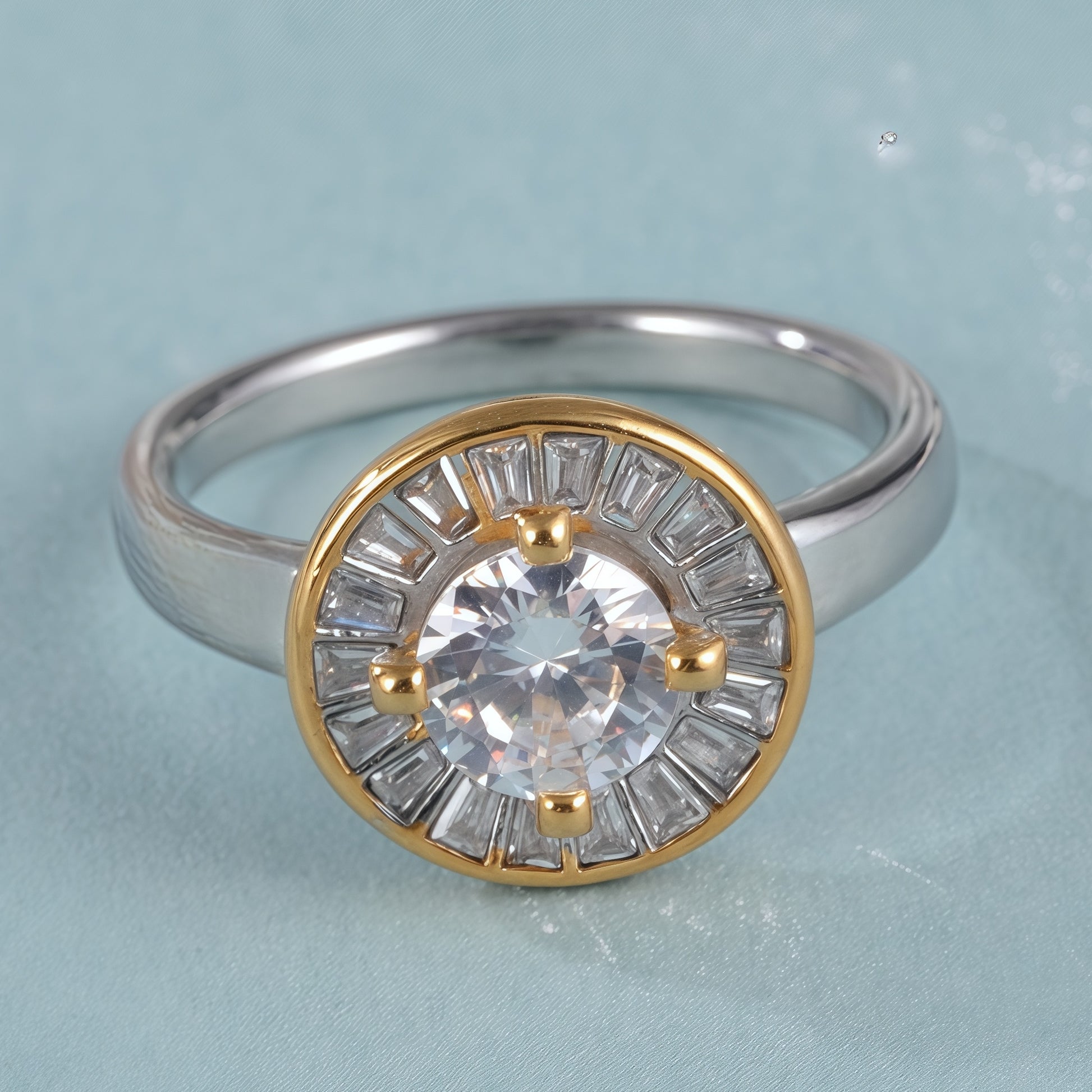 Gold and Silver Stainless Steel Ring with Round Center Stone and Baguette Crystals, Modern Elegant Style, Perfect Fashion Ring for Women, Ideal Gift