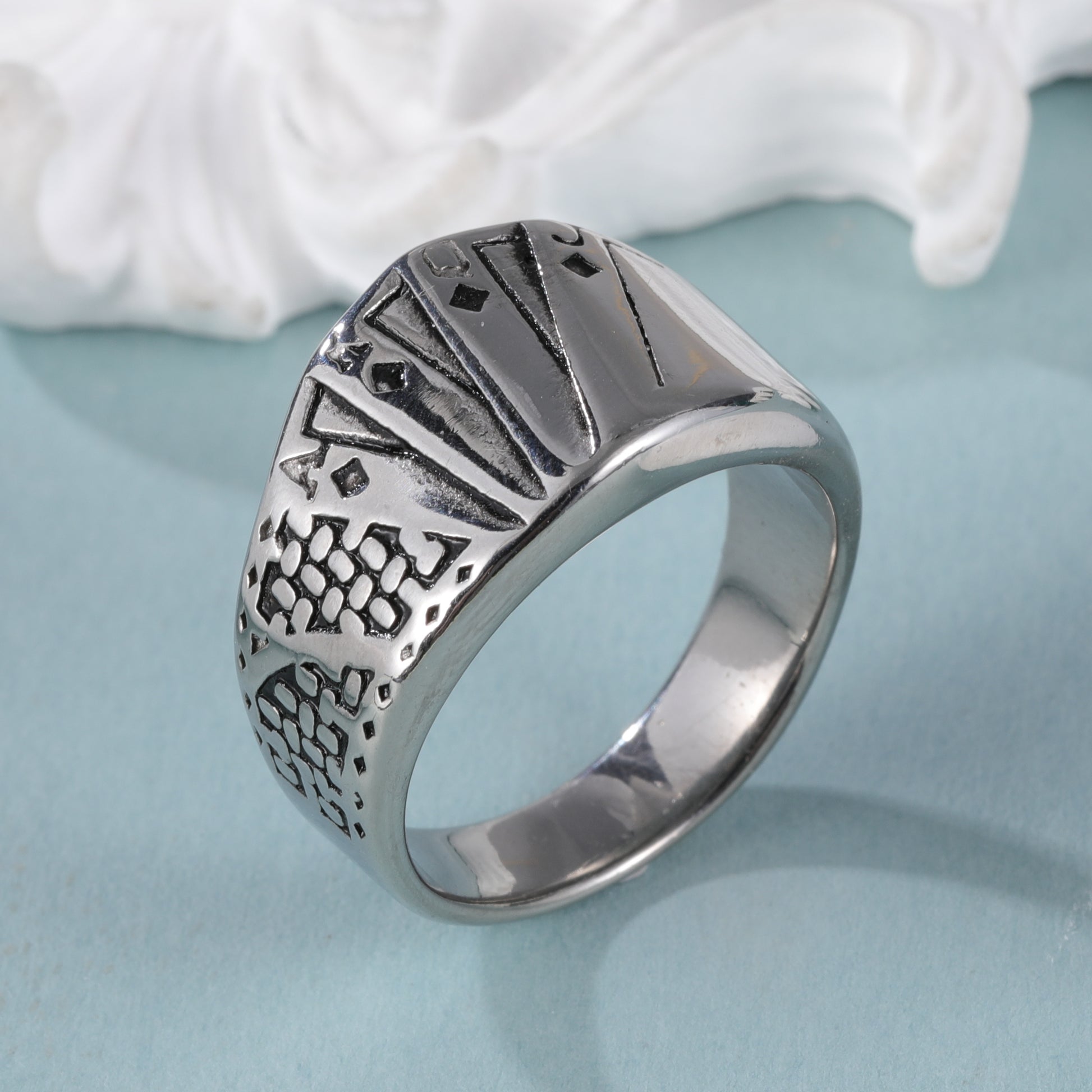 Geometric and Fan Design Stainless Steel Ring with Unique Geometric Patterns and Fan Carving, Modern Stylish Style, Perfect Fashion Ring for Men, Ideal Gift