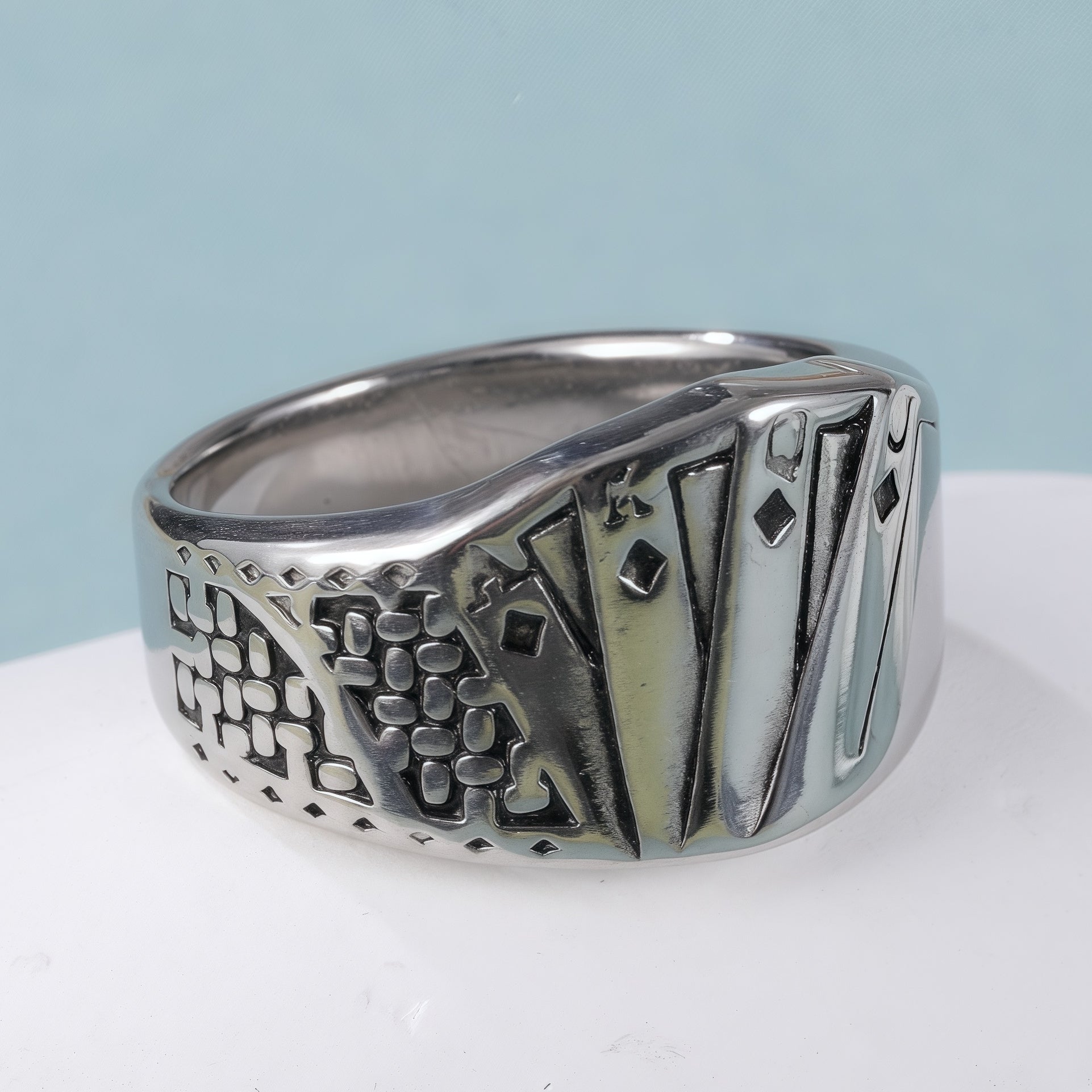 Geometric and Fan Design Stainless Steel Ring with Unique Geometric Patterns and Fan Carving, Modern Stylish Style, Perfect Fashion Ring for Men, Ideal Gift