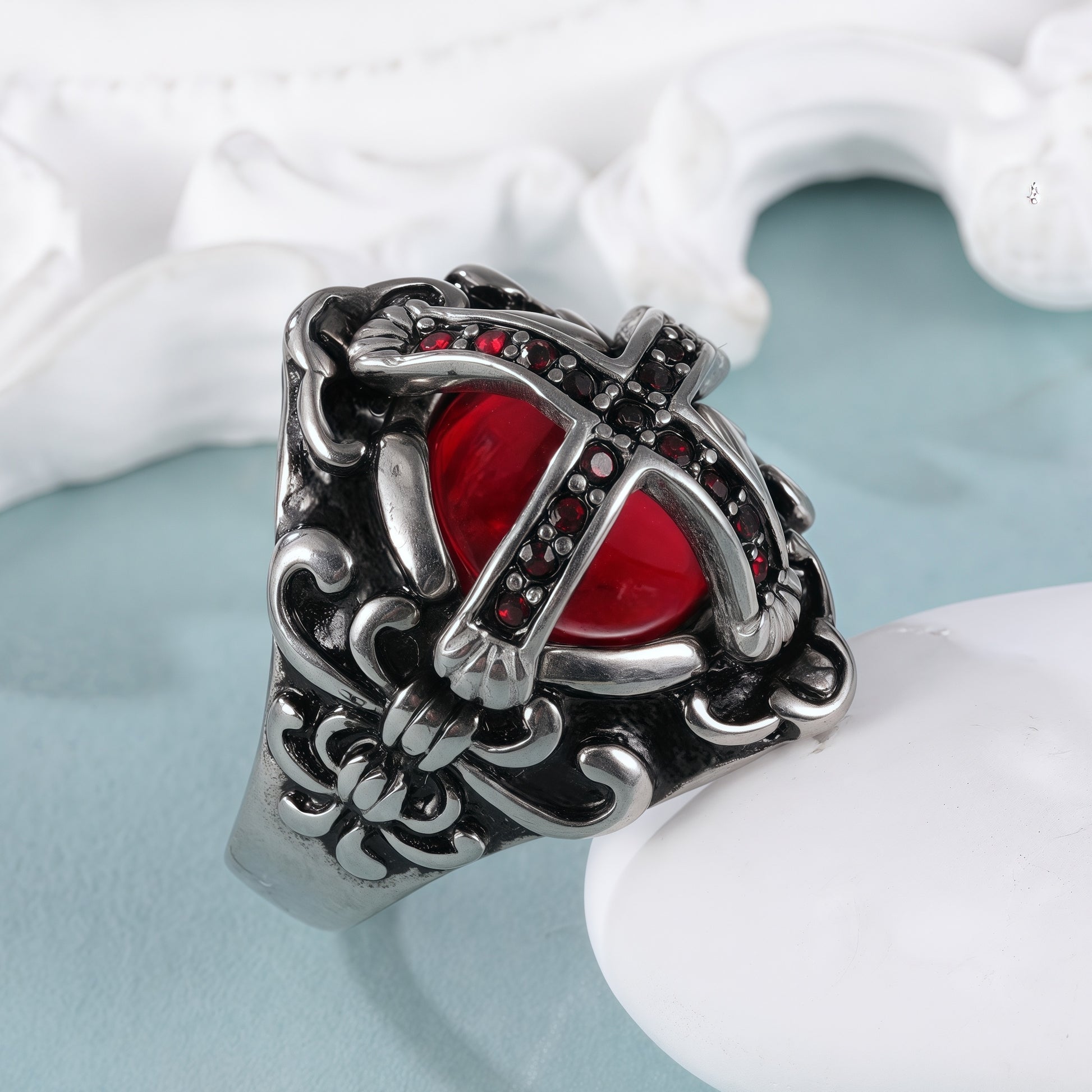 Cross-Set Ruby Stainless Steel Men's Ring丨C-308