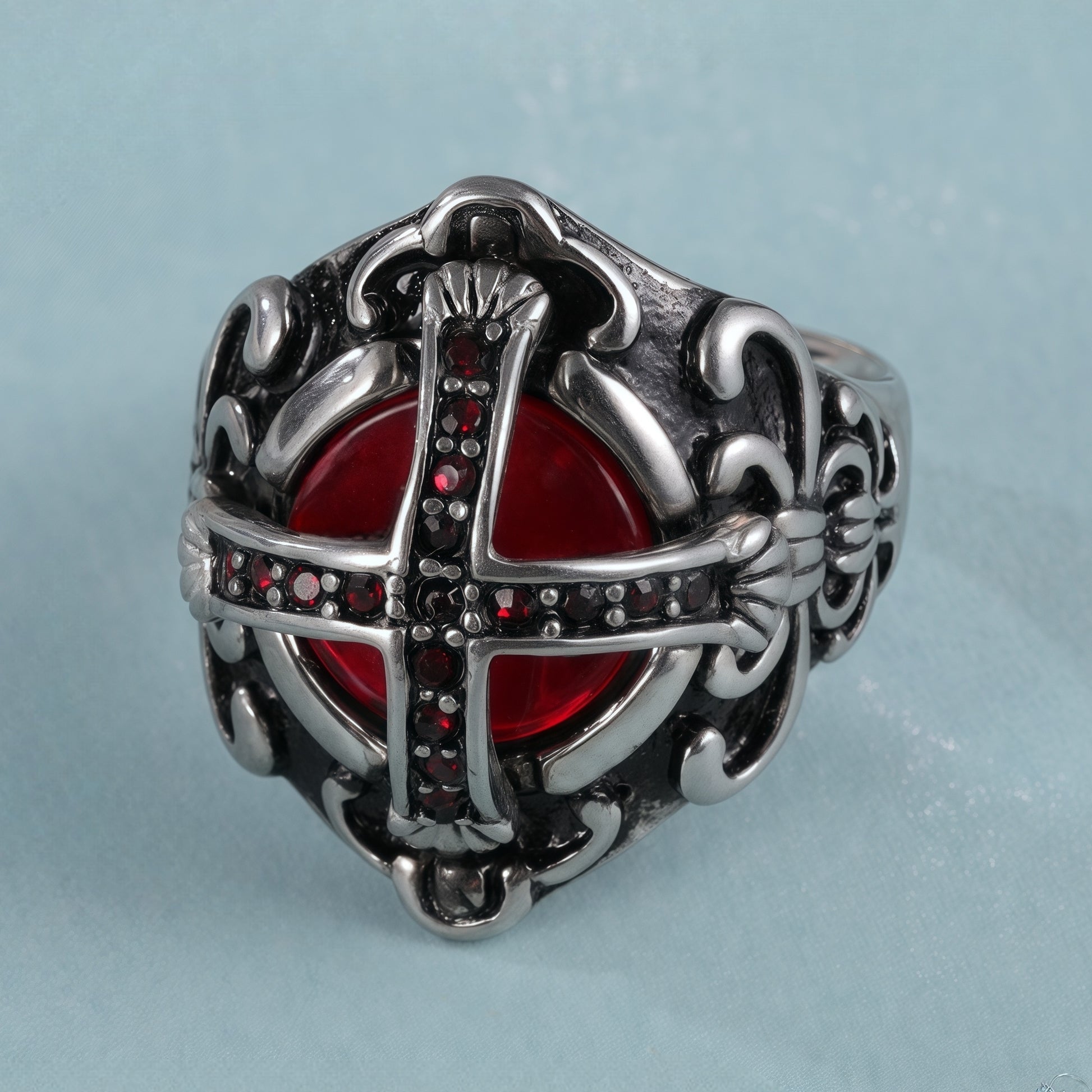 Cross-Set Ruby Stainless Steel Men's Ring丨C-308