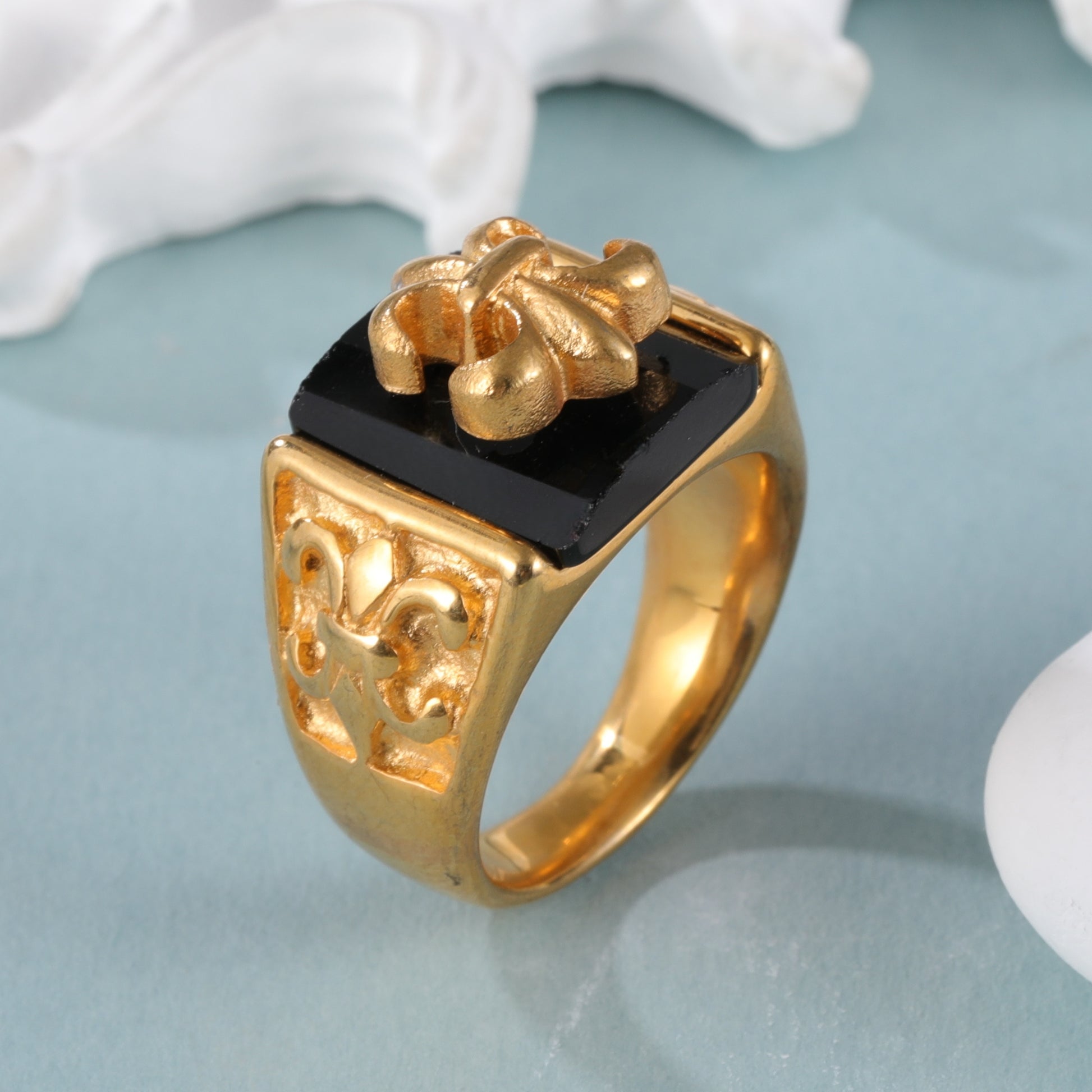 Gold Stainless Steel Ring with Black Gemstone and Cross Carving, Classic Vintage Style, Perfect Fashion Ring for Men, Ideal Gift