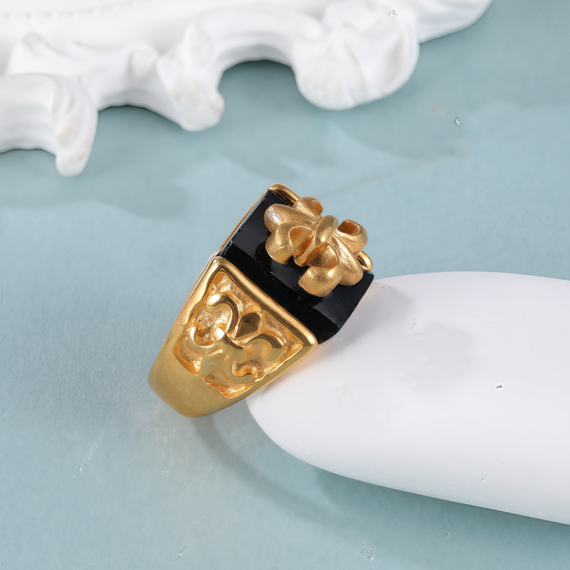 Gold Stainless Steel Ring with Black Gemstone and Cross Carving, Classic Vintage Style, Perfect Fashion Ring for Men, Ideal Gift
