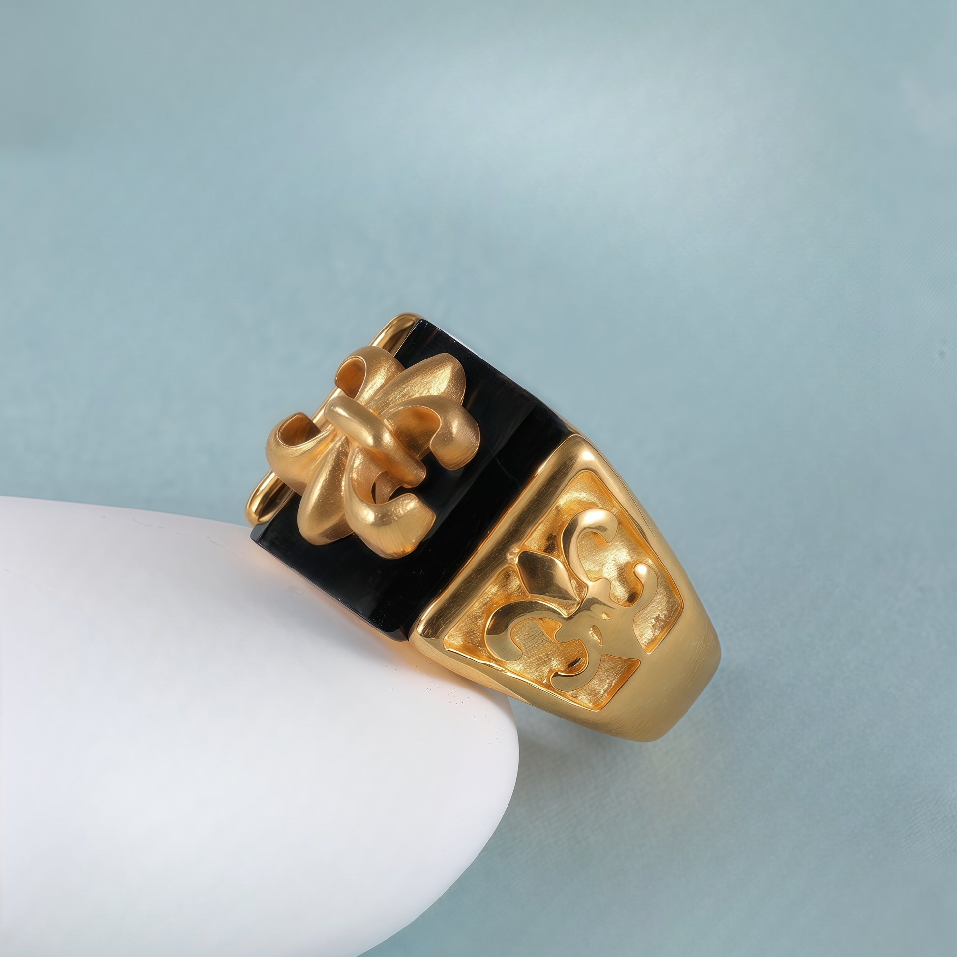 Gold Stainless Steel Ring with Black Gemstone and Cross Carving, Classic Vintage Style, Perfect Fashion Ring for Men, Ideal Gift