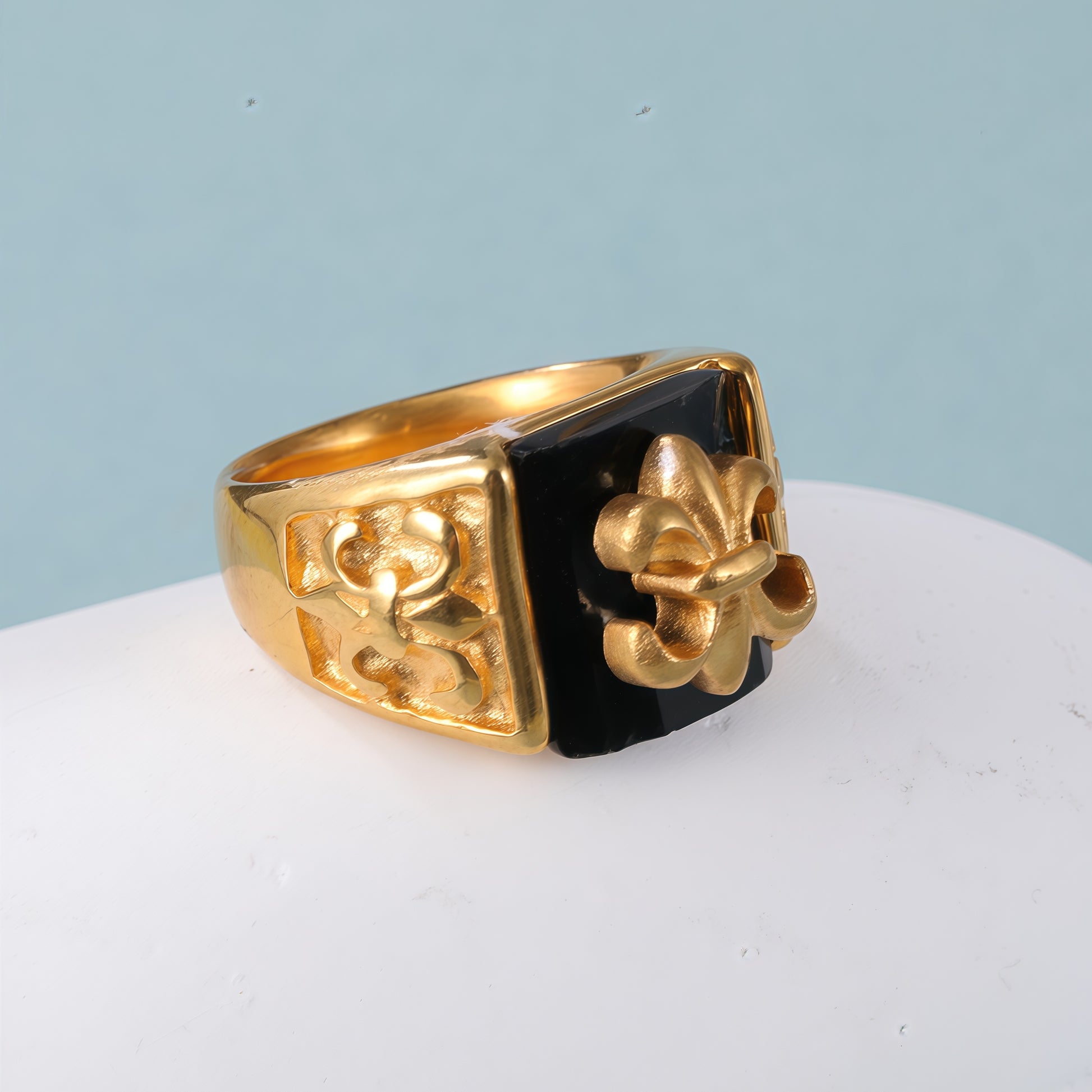 Gold Stainless Steel Ring with Black Gemstone and Cross Carving, Classic Vintage Style, Perfect Fashion Ring for Men, Ideal Gift