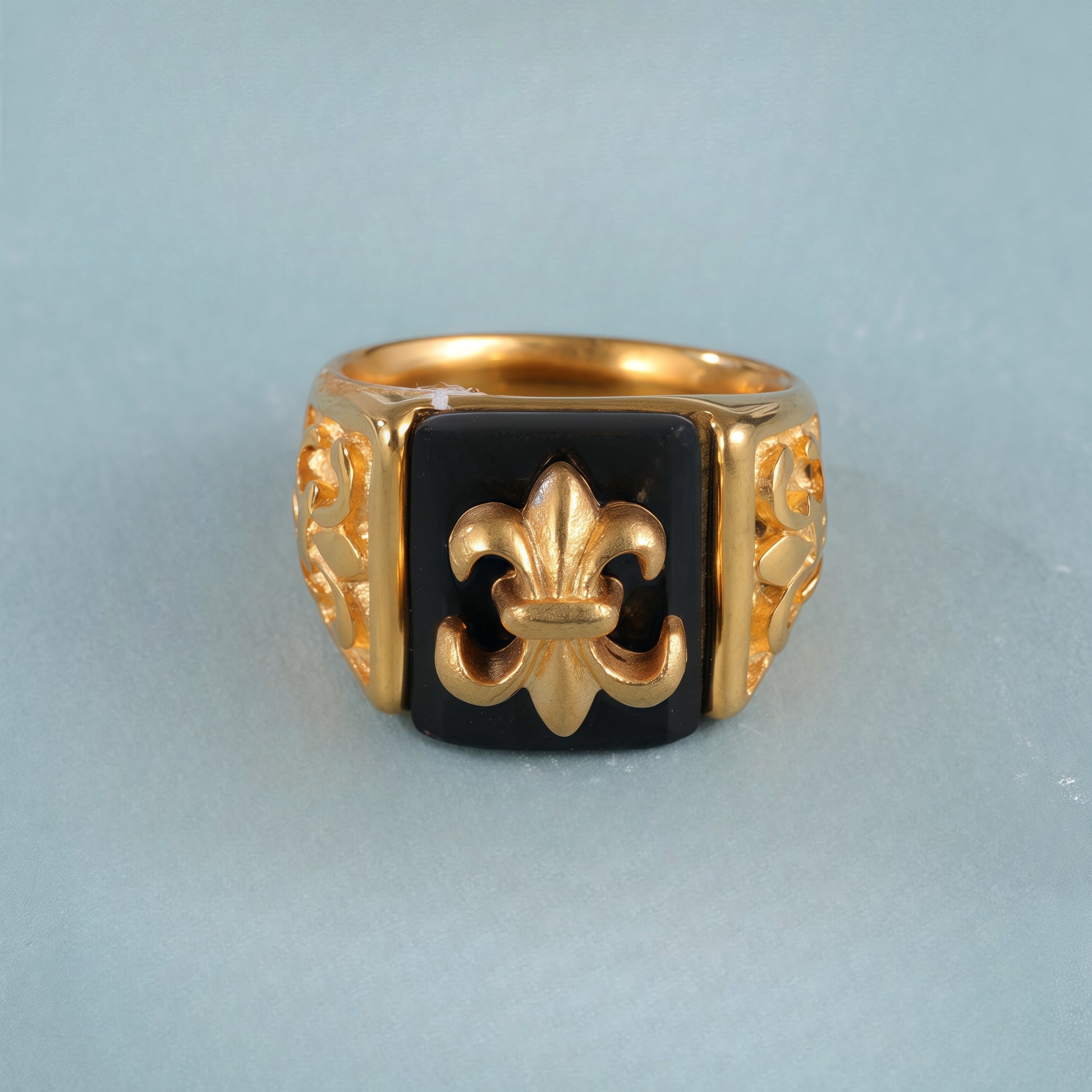 Gold Stainless Steel Ring with Black Gemstone and Cross Carving, Classic Vintage Style, Perfect Fashion Ring for Men, Ideal Gift
